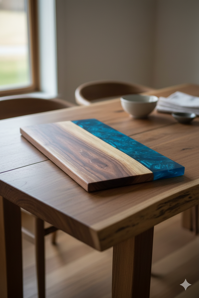 Walnut and blue epoxy river charcuterie board on a modern wooden dining table.
