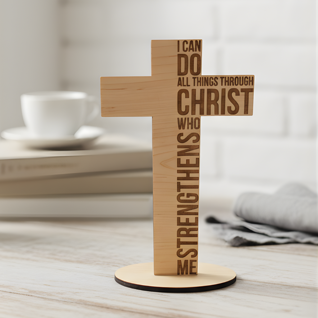 Engraved wooden cross with scripture text on a desk alongside books and a coffee cup.