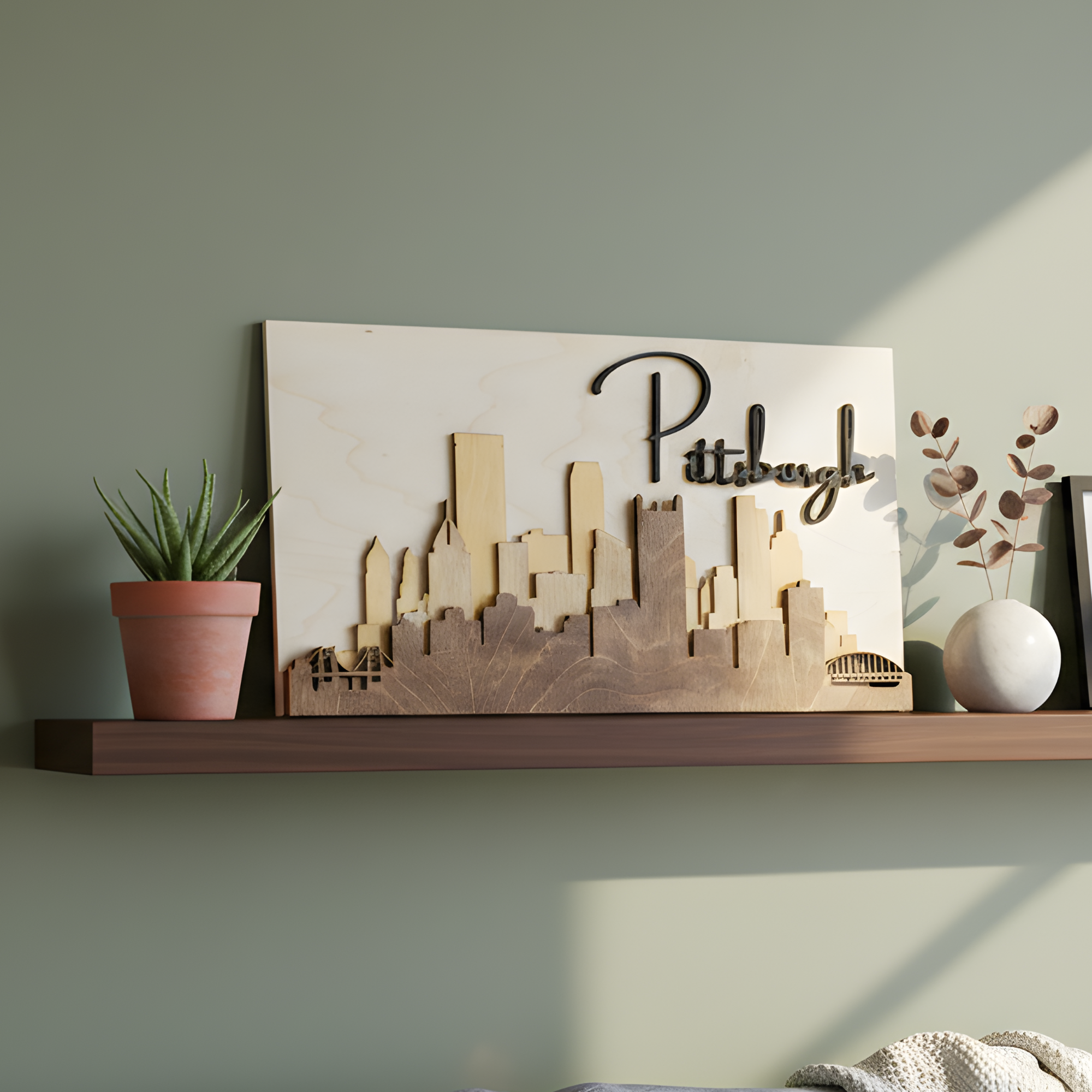 3D wood Pittsburgh skyline decor on a modern shelf with a succulent and grey wall backdrop.