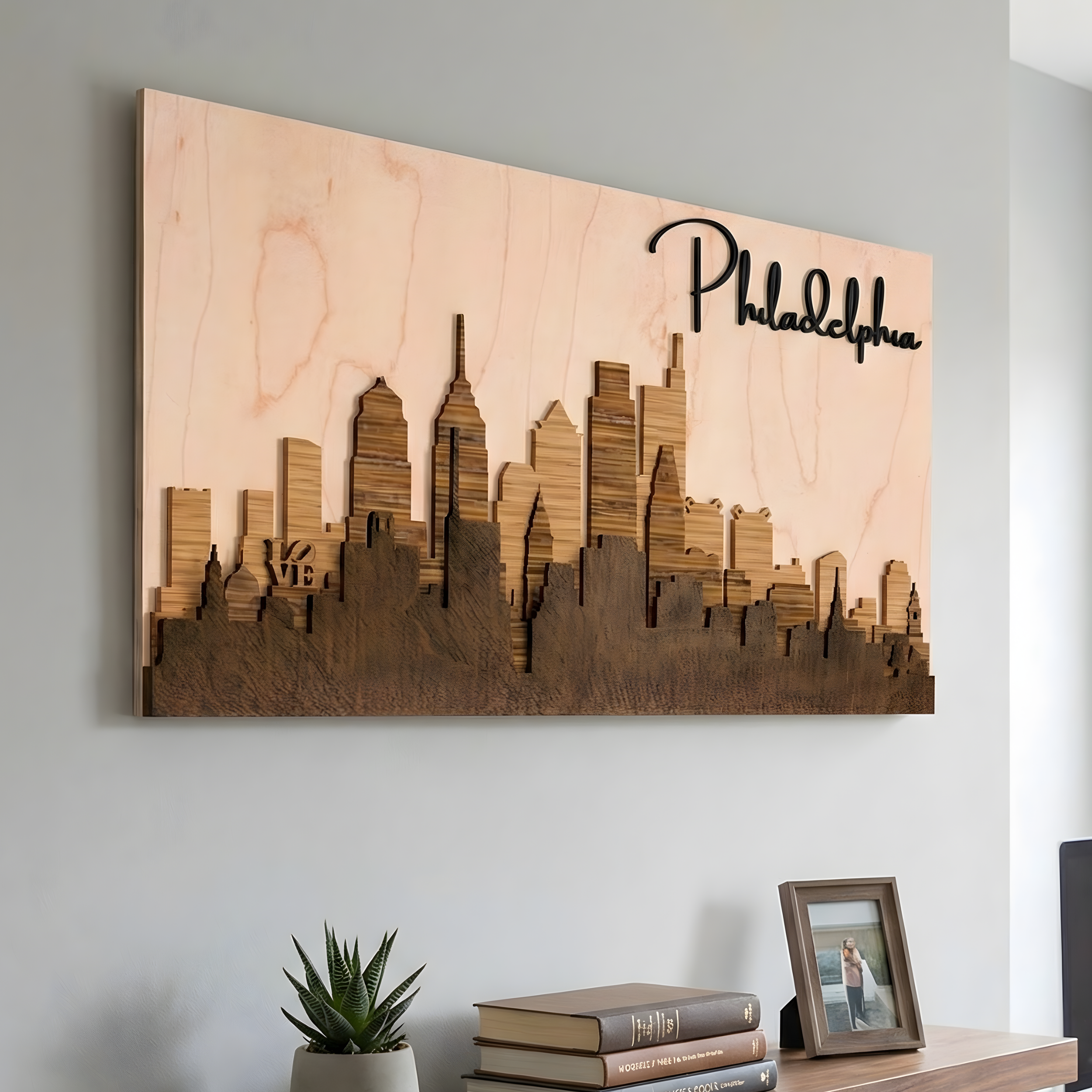 3D wood Philadelphia skyline wall art in brown stain hanging on a grey wall in a modern living room.