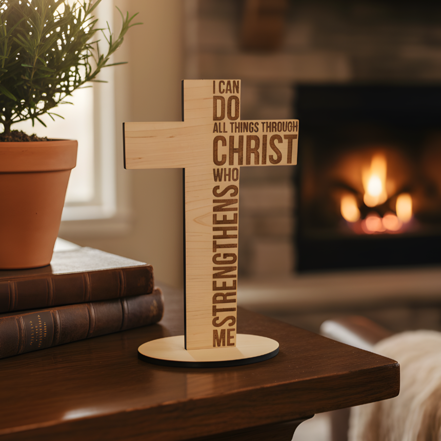 Freestanding engraved maple wood cross with Philippians 4:13 scripture on a wooden table near a fireplace.