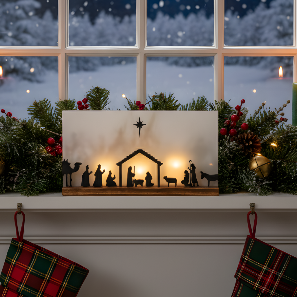 18-inch handmade wood nativity set displayed on a fireplace mantel for Christmas decor.