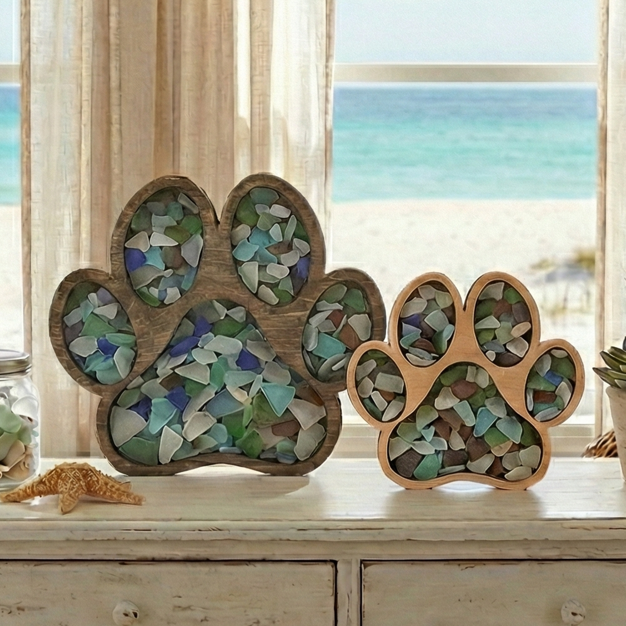 Two wooden paw-print shadow boxes, one larger with a dark frame and one smaller with a light frame.