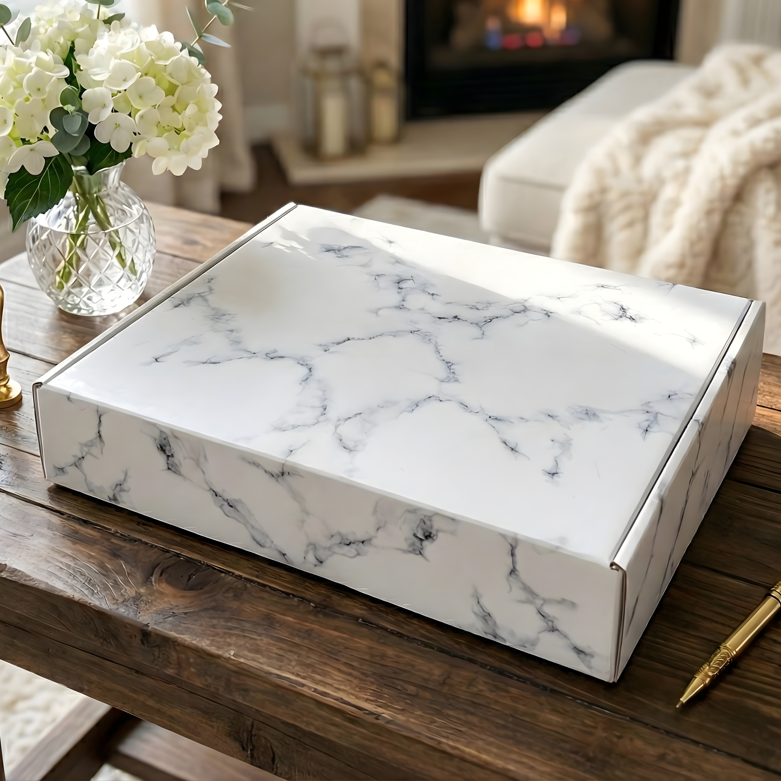 White marble patterned gift box for a charcuterie board set on a wooden table.