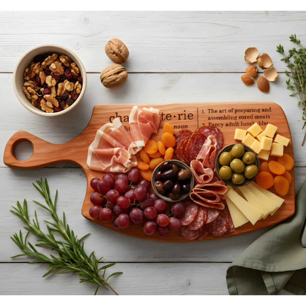 Large cherry wood charcuterie board filled with grapes, meats, cheeses, and nuts next to a bowl of walnuts.