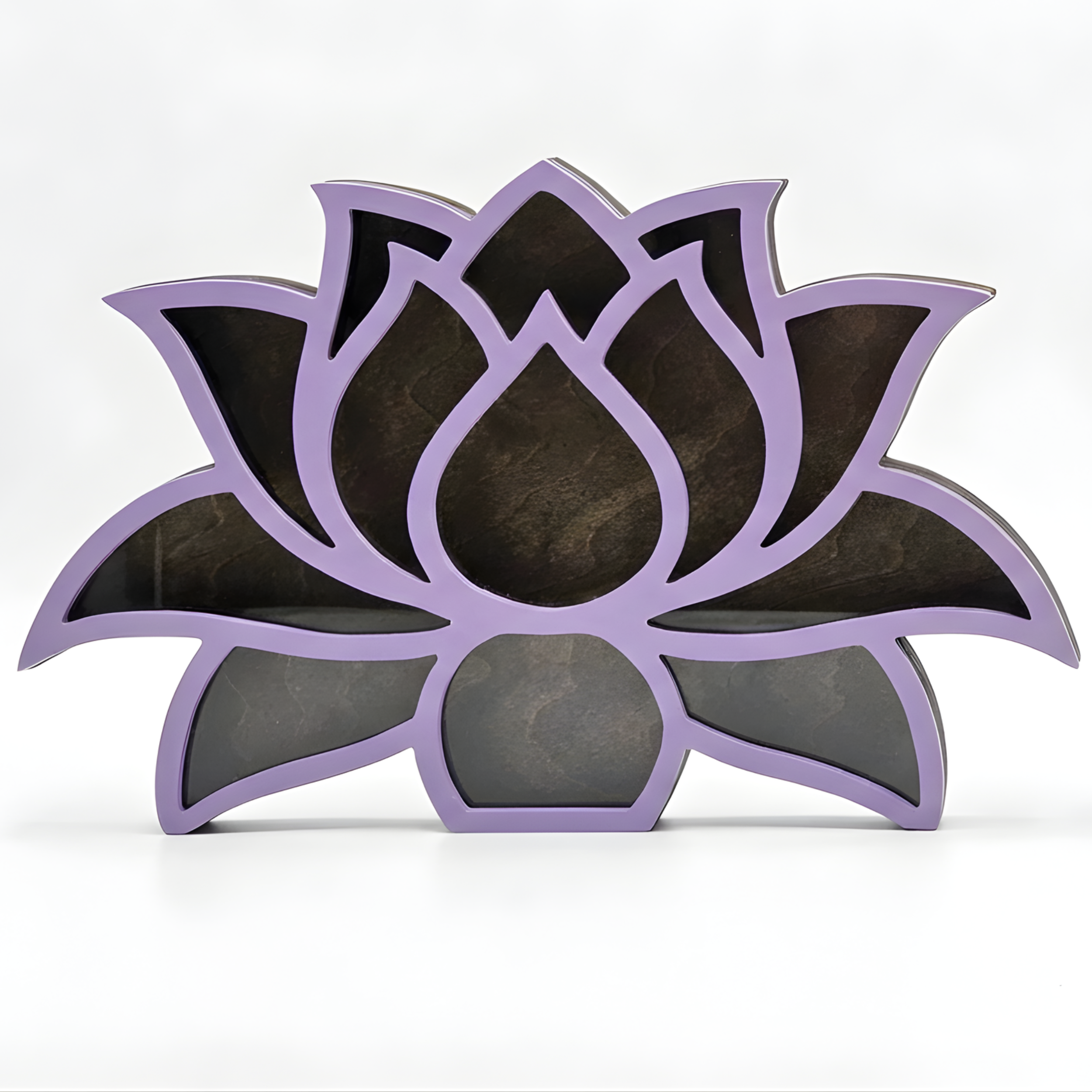 Lotus shaped sea glass shadow box with a vibrant purple stained frame and rich dark walnut wood interior.