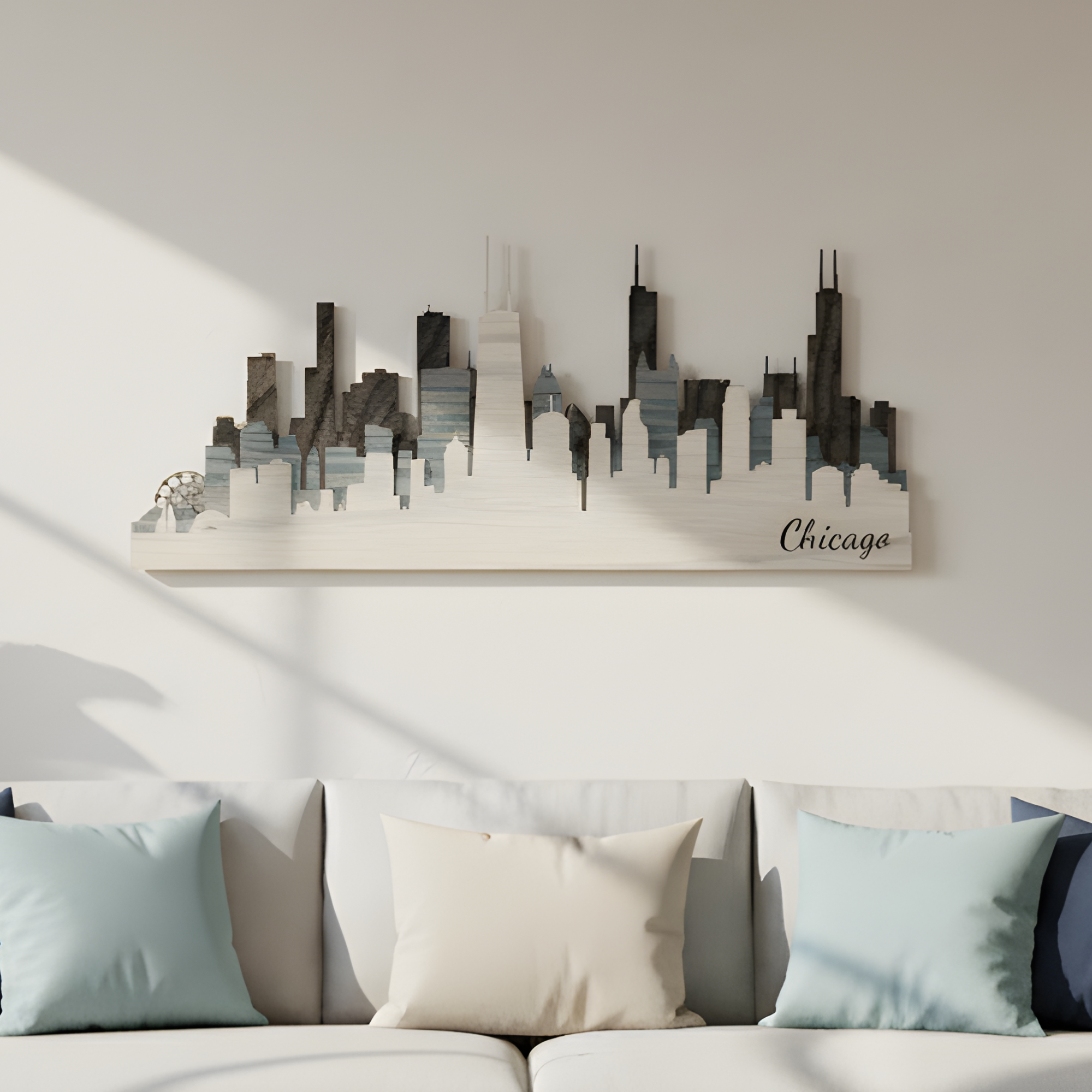 3D wood Chicago skyline wall art in grey and black tones, mounted on a wall above a white sofa.