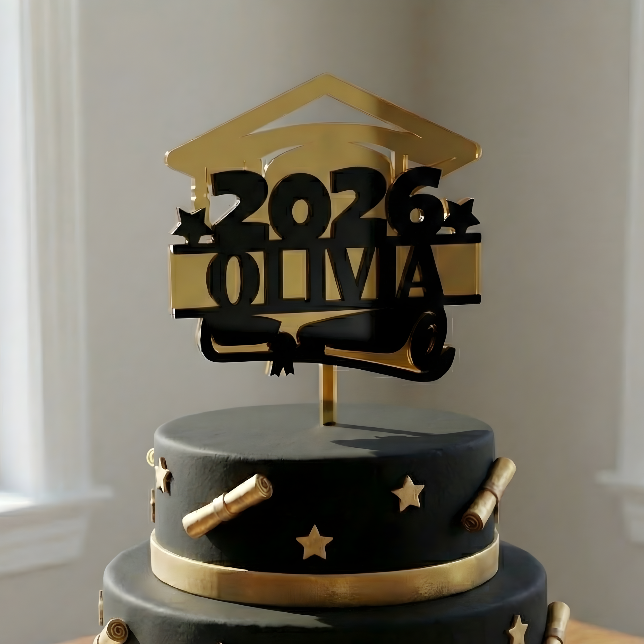 Gold and black acrylic graduation cake topper customized for "Olivia" on a dark grey cake.
