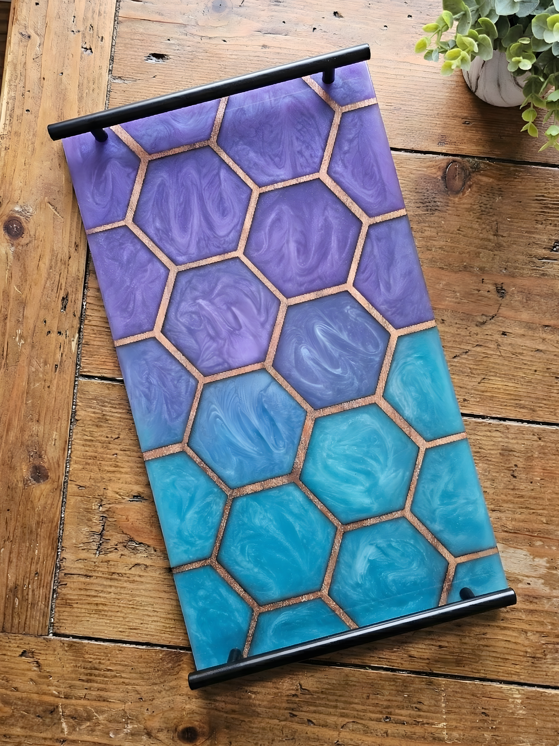 Hexagon Blue & Purple Epoxy Resin and Walnut Charcuterie Board