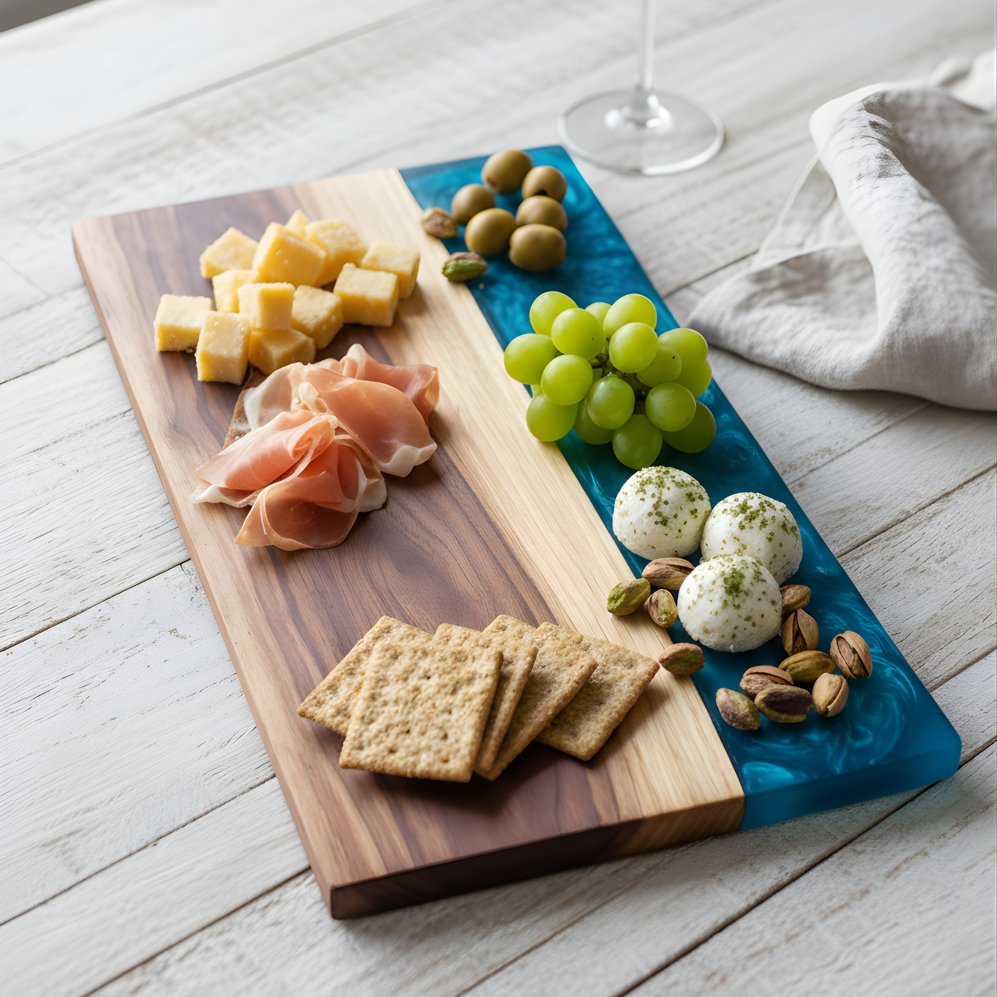 Styled walnut and blue epoxy board with cheese, grapes, and crackers on a light wood surface.