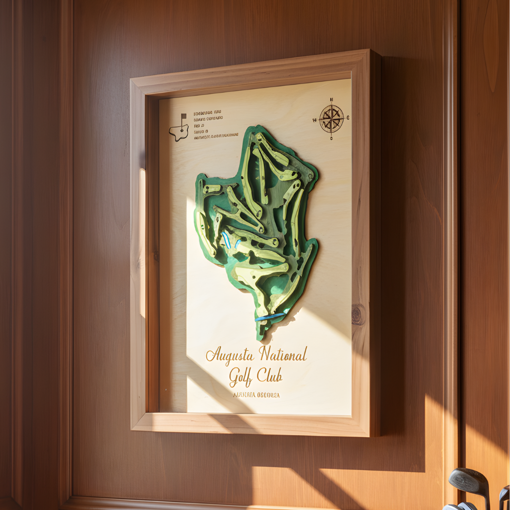Detailed view of a handcrafted 3D wood Augusta National course map with glass-front frame.