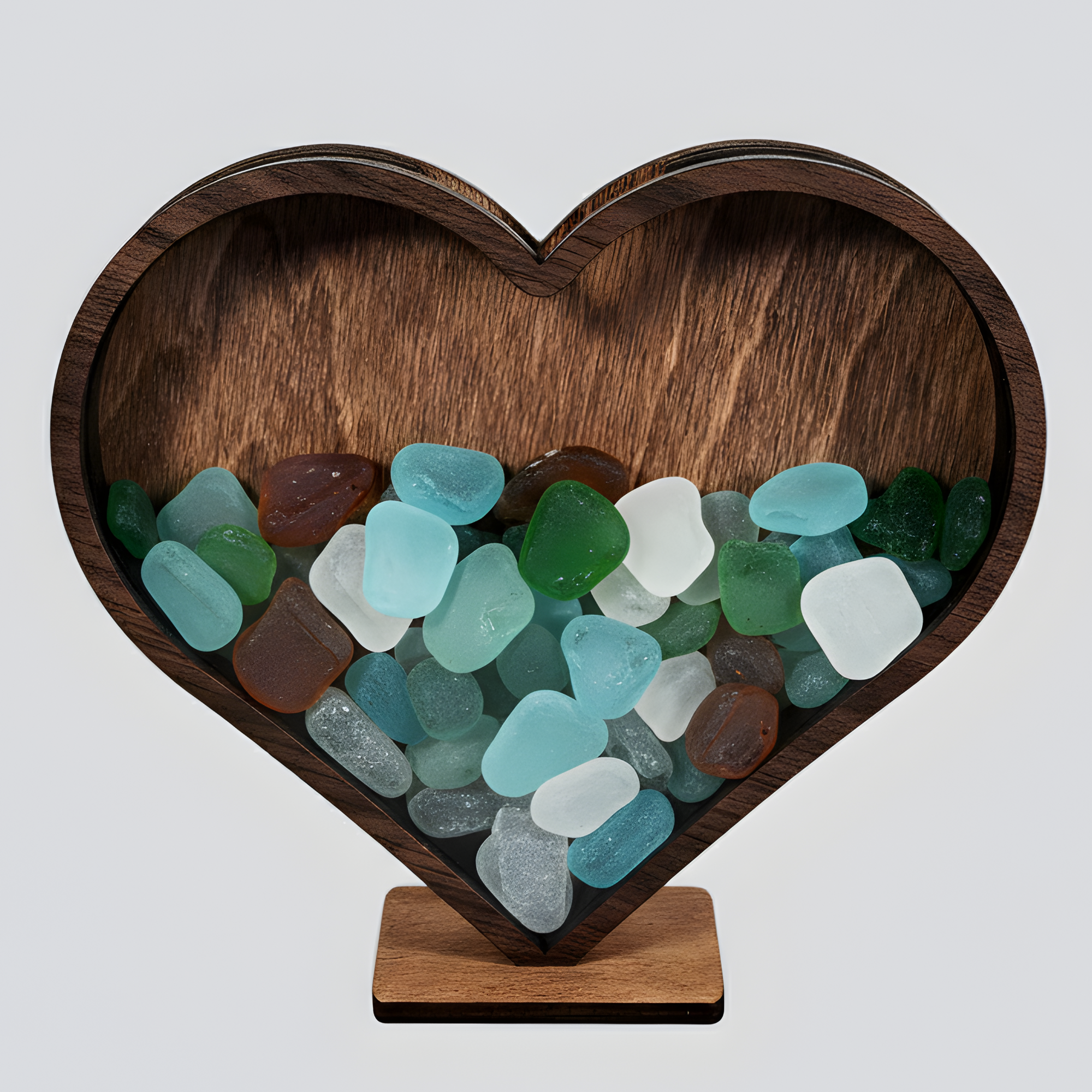 Dark walnut framed heart-shaped shadow box filled with sea glass.