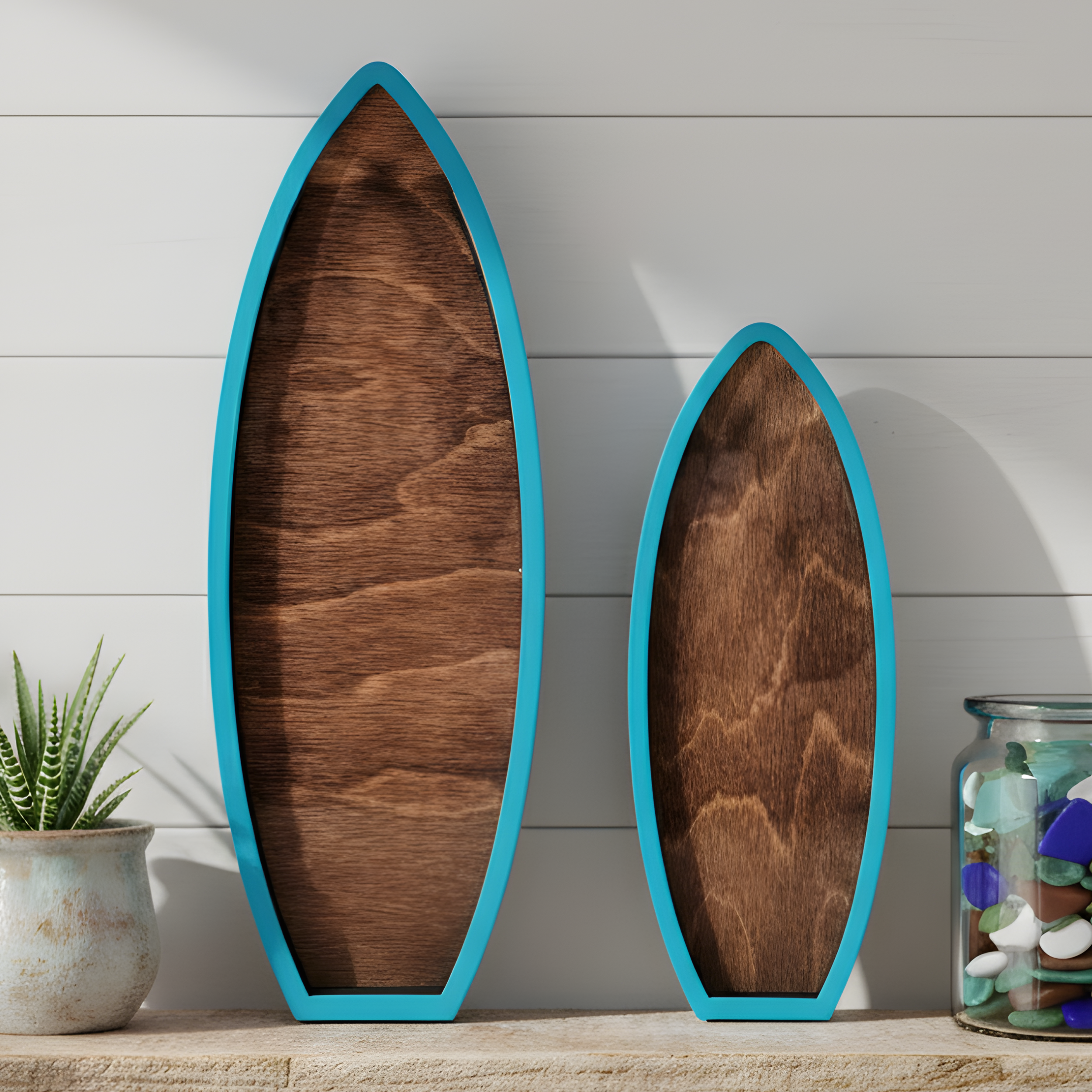 Sea glass holder in the shape of a surfboard.