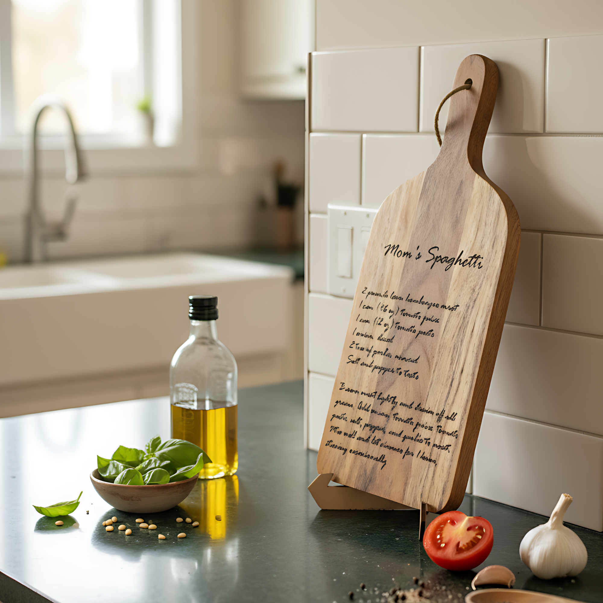 Close-up of a personalized handwritten recipe engraved on a 17x7 acacia wood board with a display stand.