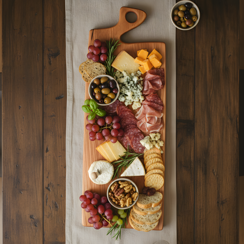 Overhead view of a cherry wood board filled with olives, grapes, crackers, and artisanal cheeses.
