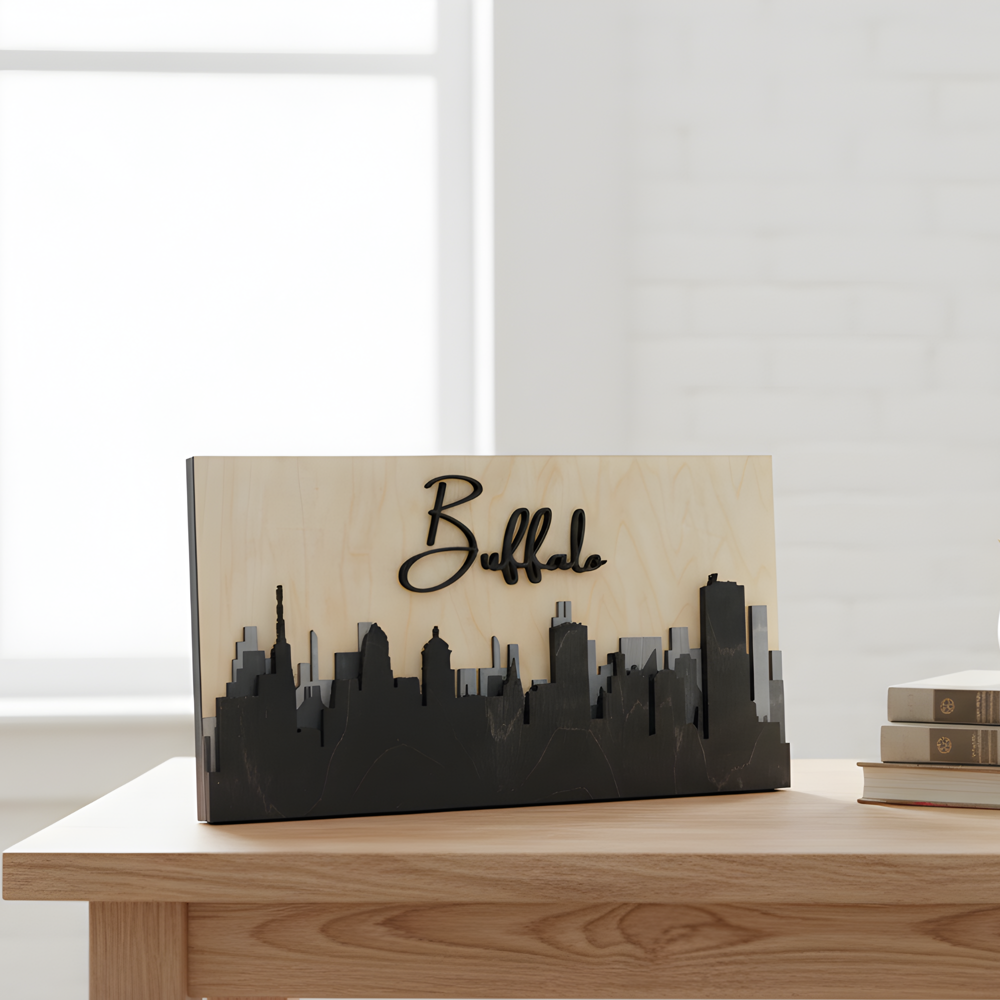 3D grey wood Buffalo skyline art standing on a wooden table with a bright background.