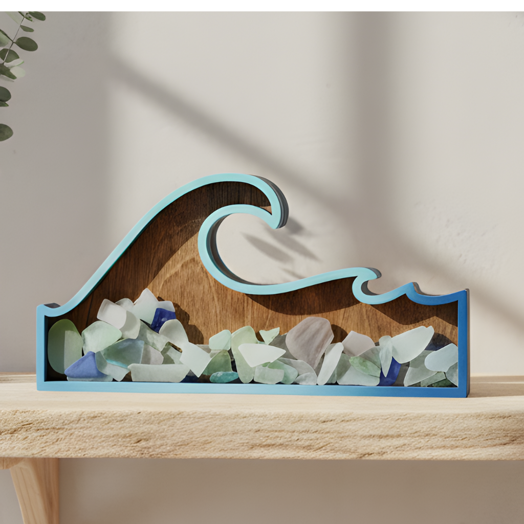 Wave-shaped sea glass display box with ombre blue frame and dark walnut background.