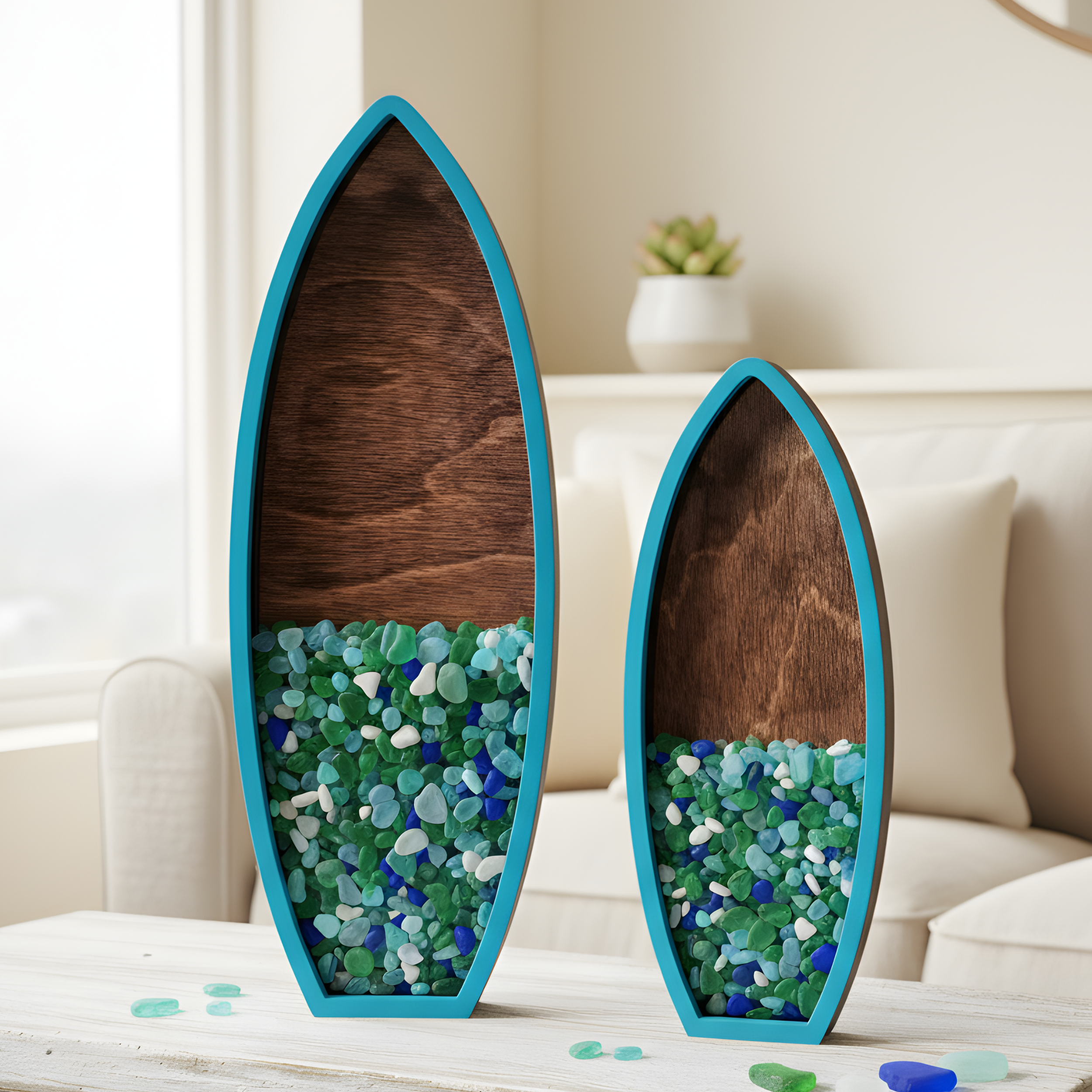 Surfboard sea glass display boxes.