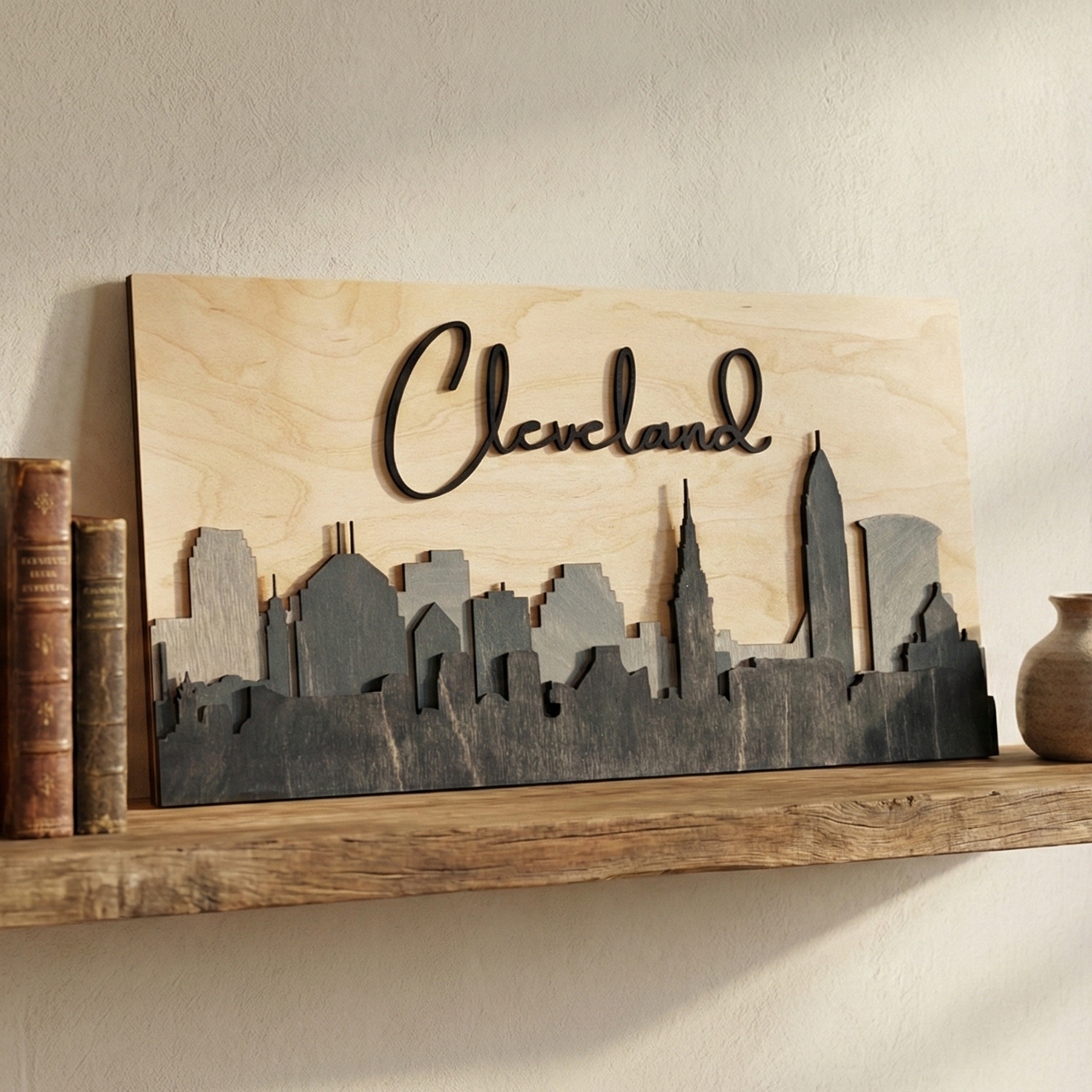 3D grey Cleveland wood skyline art sitting on a rustic wooden shelf in a bright room.