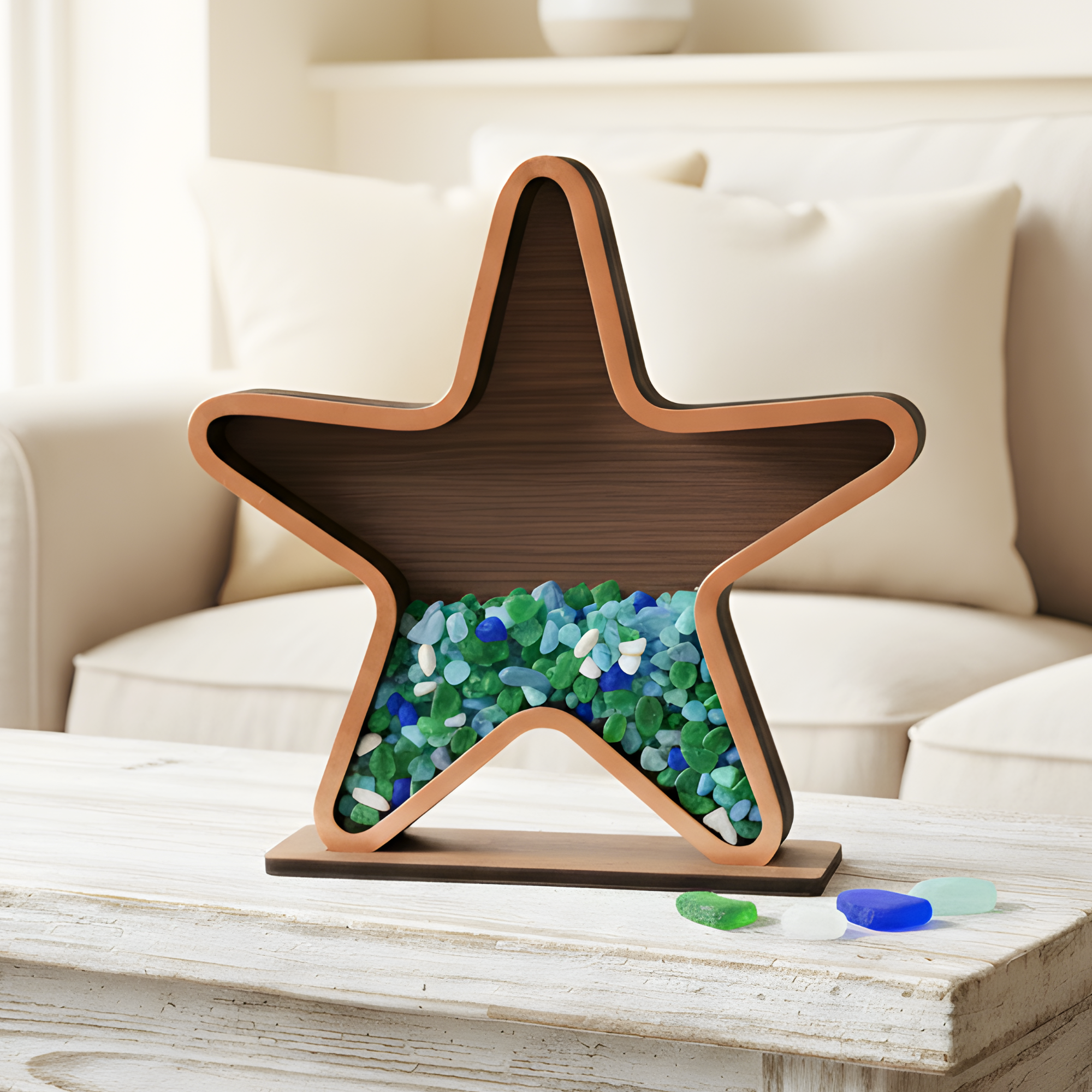Starfish-shaped sea glass display shadow box filled with sea glass.