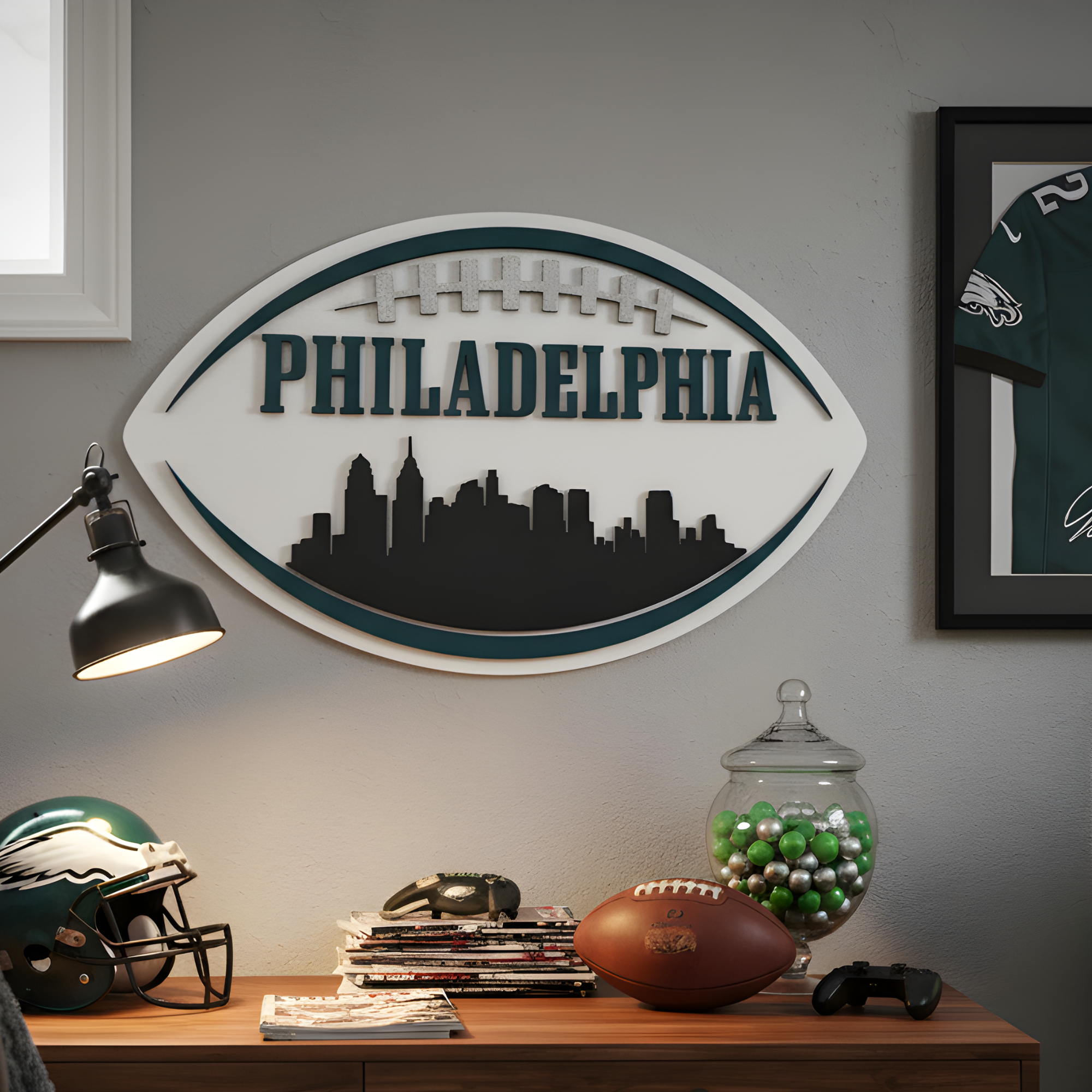 Philadelphia football skyline wood sign in an Eagles fan cave with a helmet.