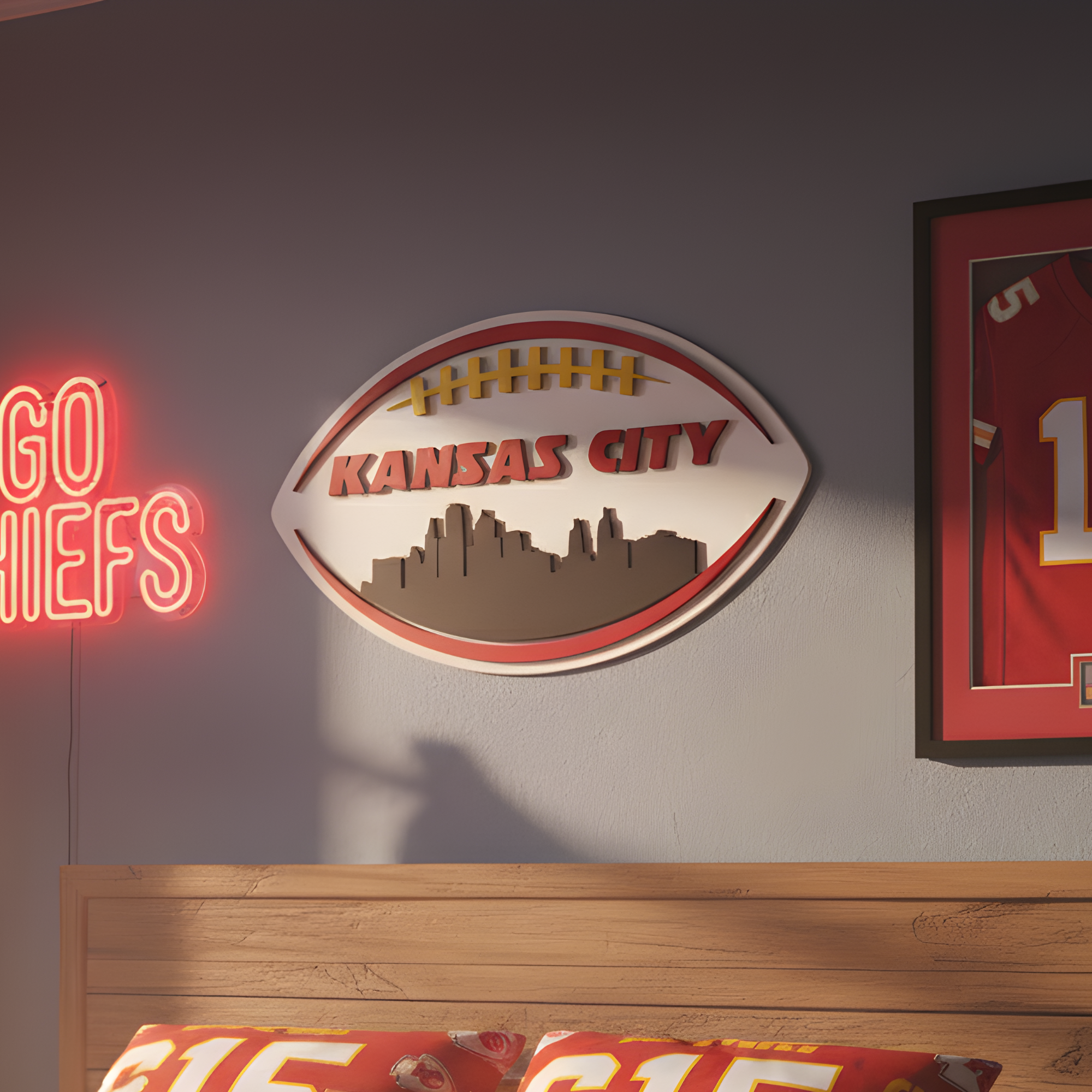 Large 3D Kansas City football skyline sign on a stone wall in a man cave with sports decor.