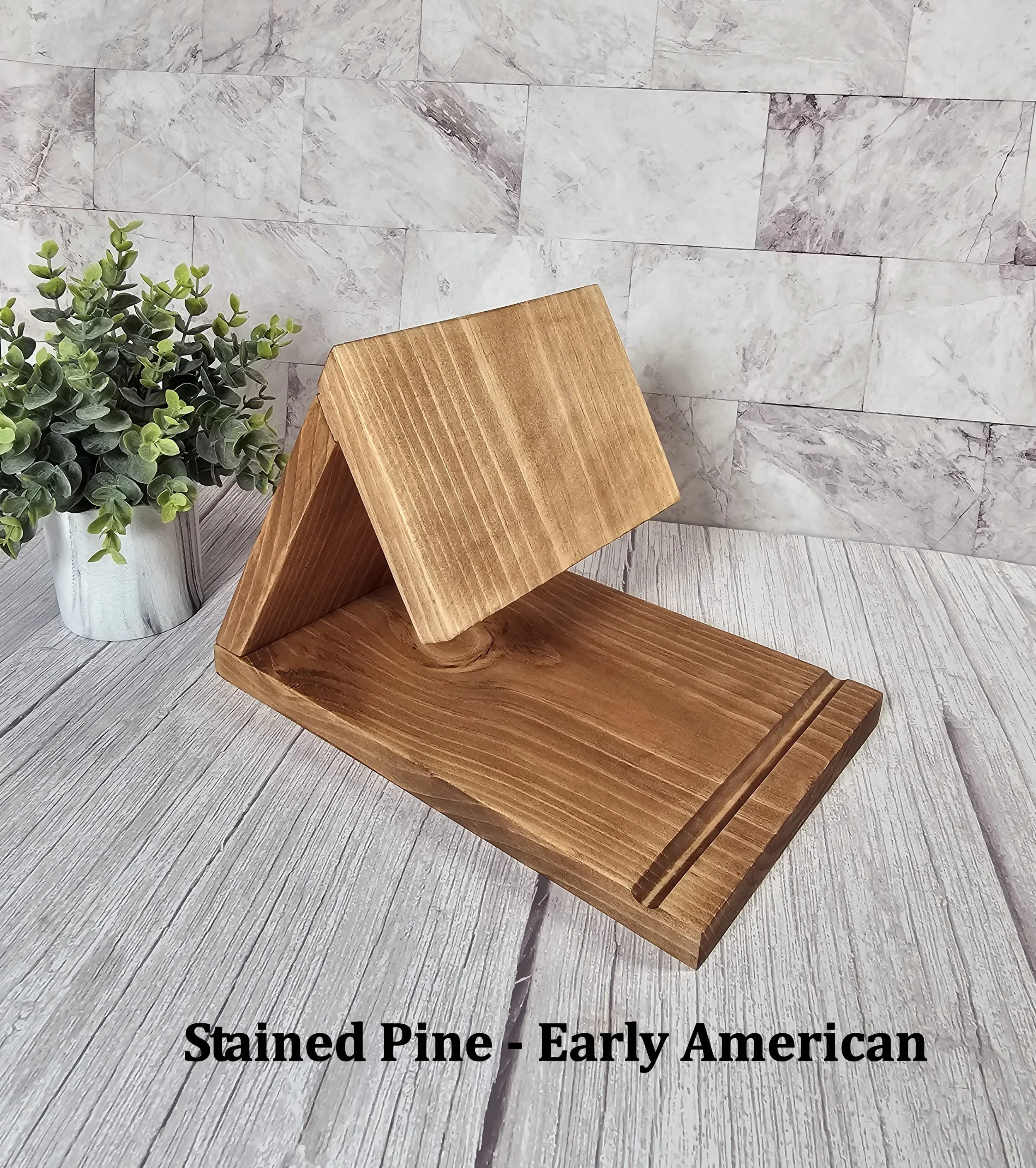 Stained pine book holder in Early American finish with a precision-routed storage groove.