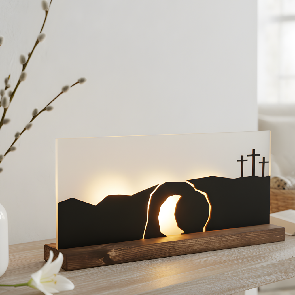 Handcrafted Easter empty tomb display glowing on a mantel with spring décor in the background.