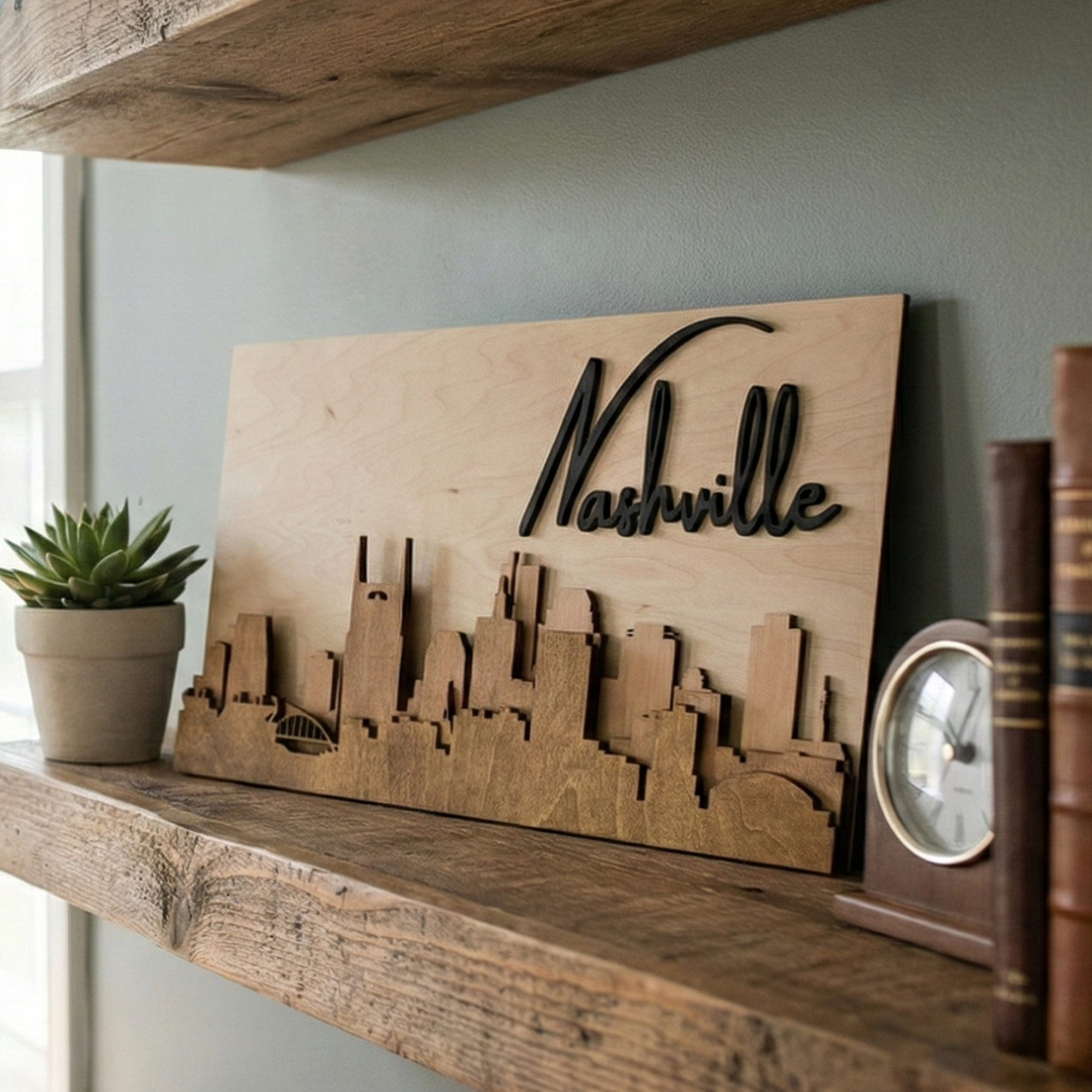 Brown 3D Nashville wood skyline art sitting on a rustic wooden shelf with a small plant and vintage clock.