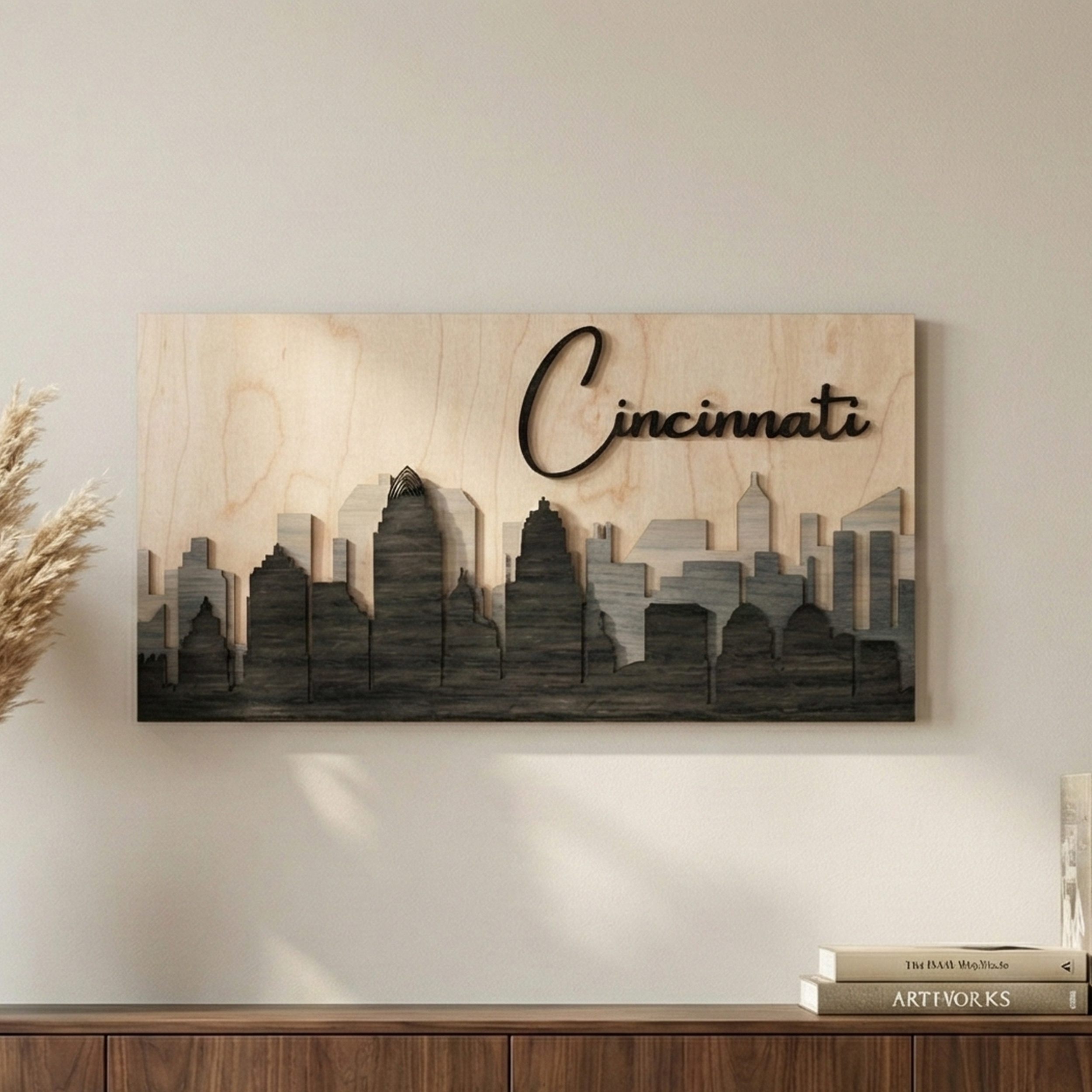 3D grey Cincinnati wood skyline wall art hanging on a neutral wall in a modern living room.