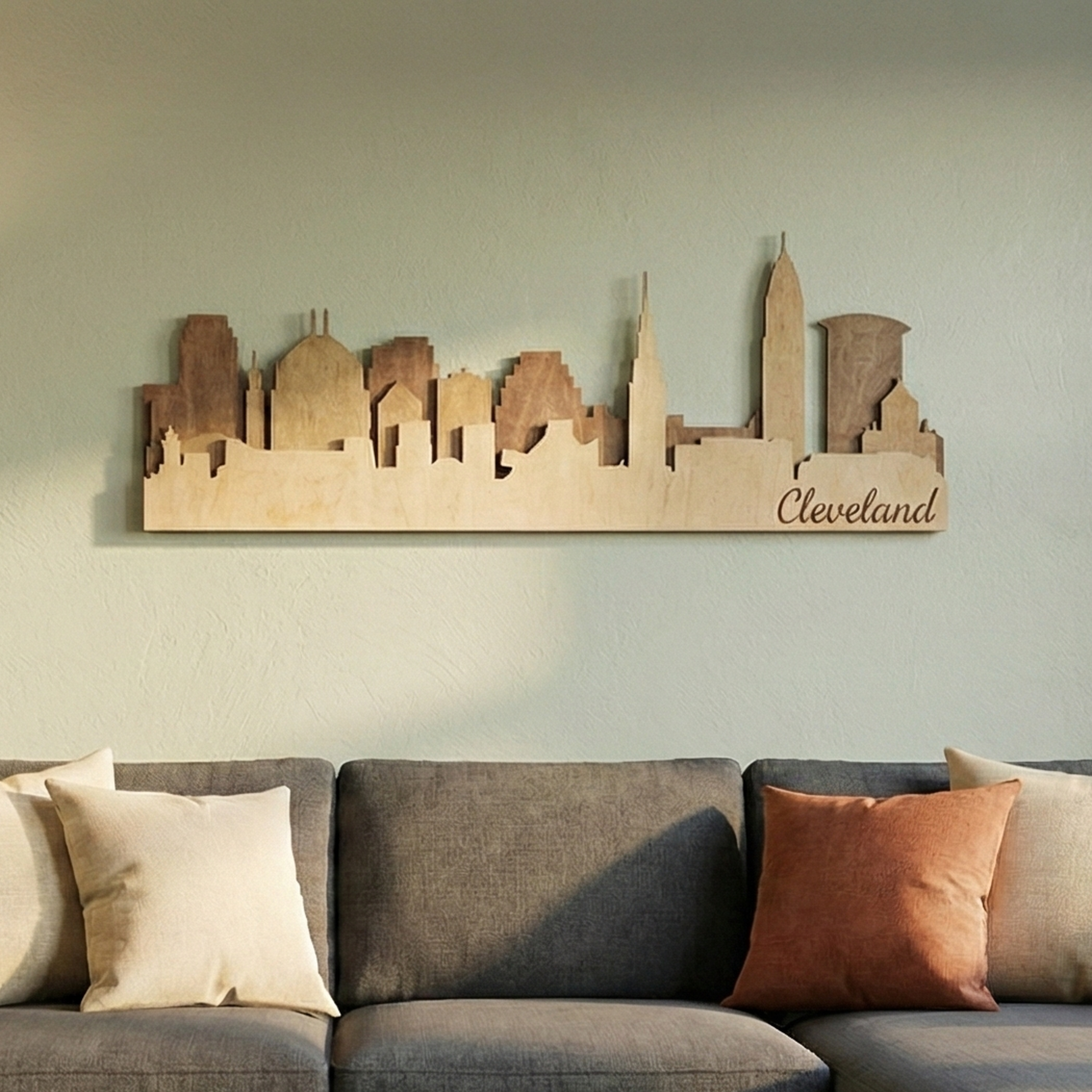 Handcrafted 3-layer Cleveland skyline wood art in a brown palette mounted above a modern grey sofa.