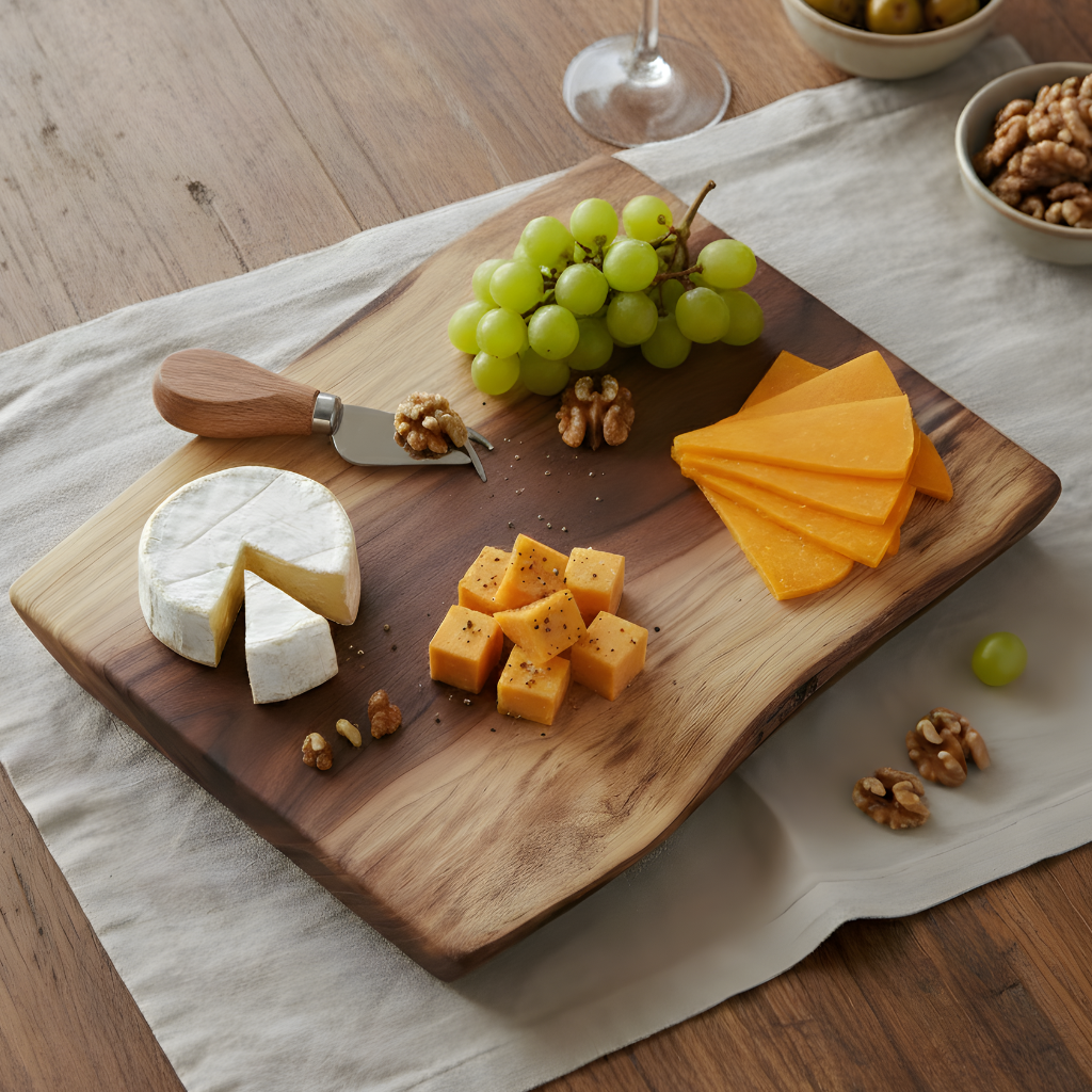 Small live-edge walnut board with grapes, brie, and cheddar cheese on a linen napkin.
