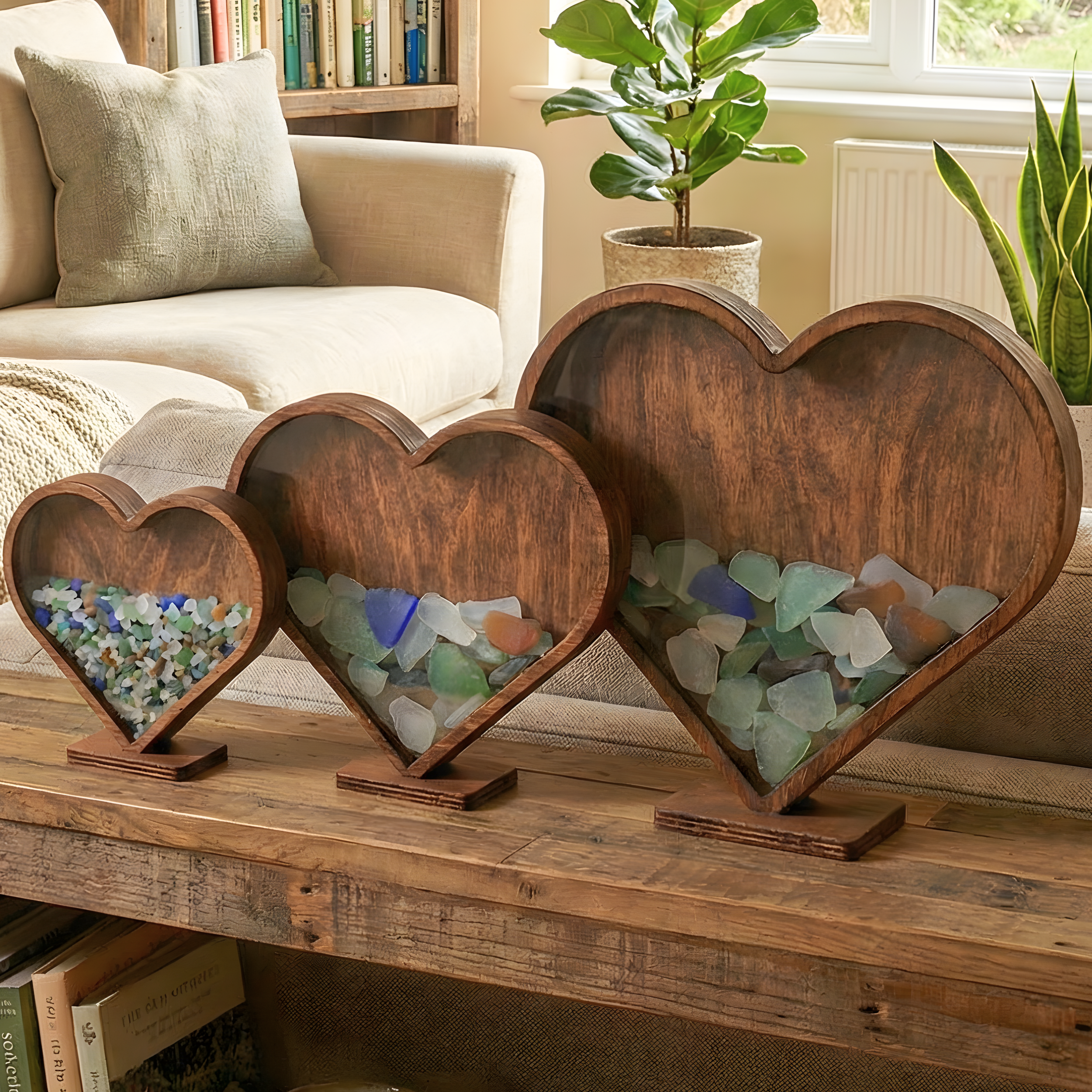 Three dark walnut heart frames filled with beach glass, styled in a cozy living room setting.