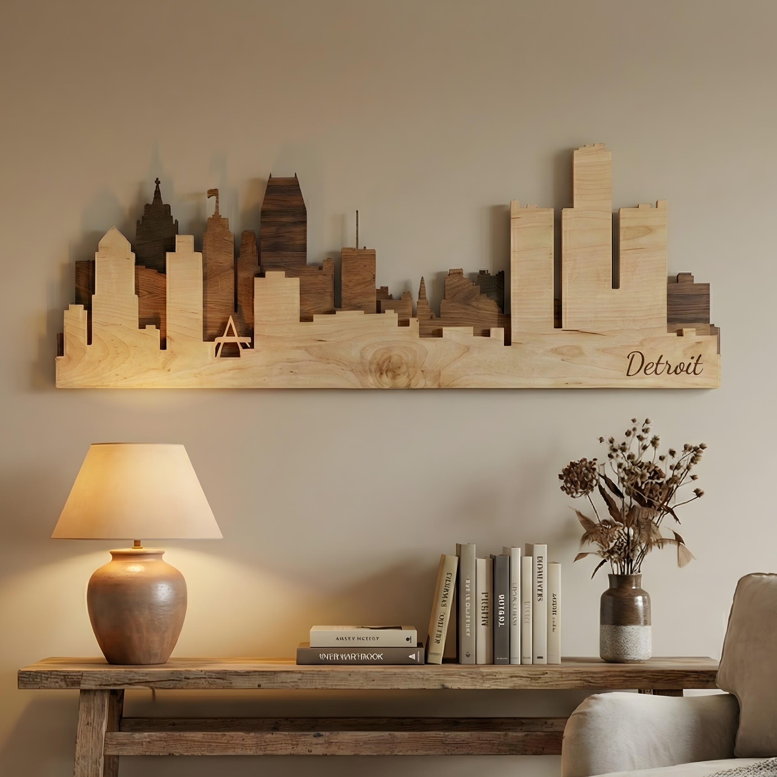 Detroit 3D layered wood skyline art in brown palette on a rustic table.