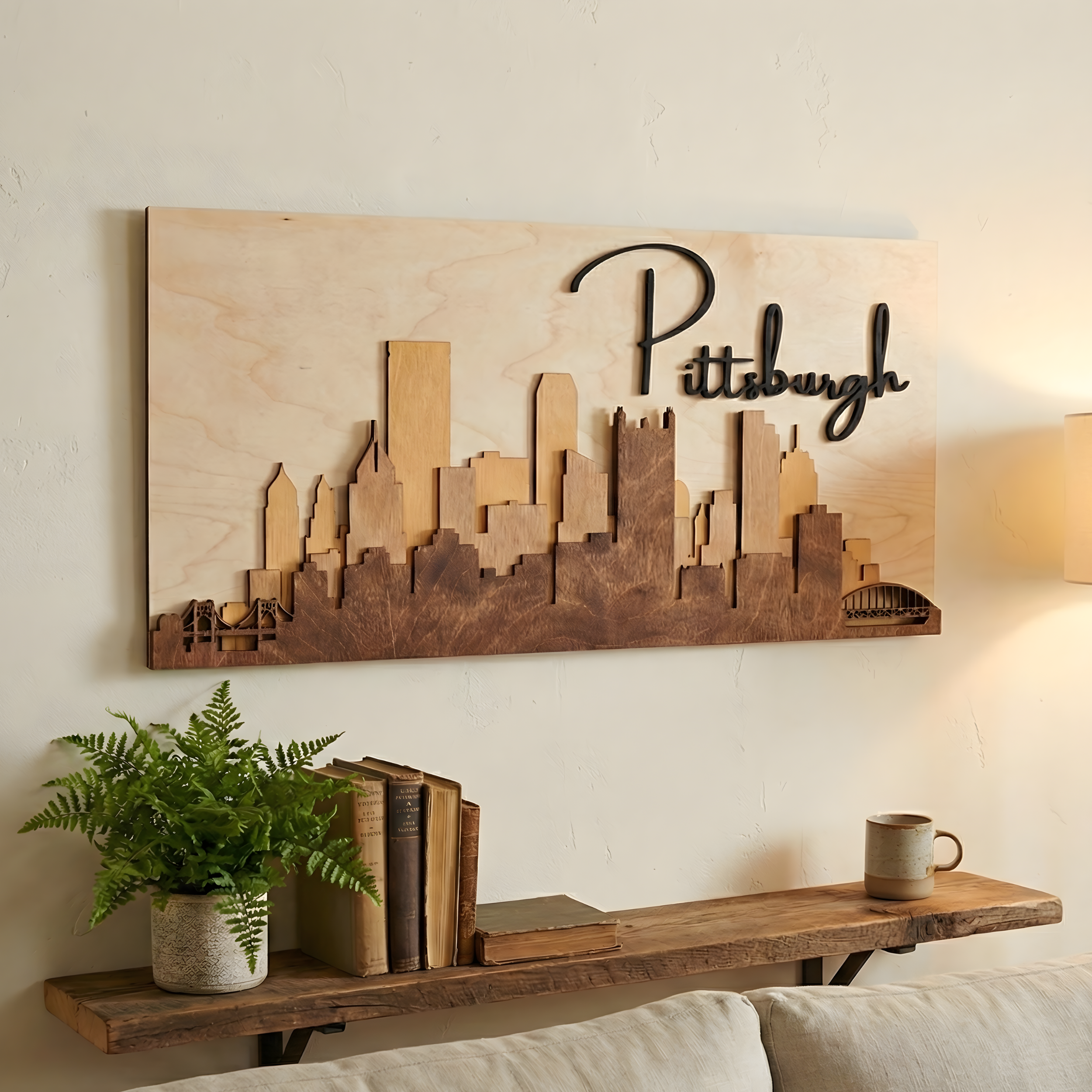 Layered wood Pittsburgh skyline art hanging on a white wall above a rustic shelf with books and a fern.