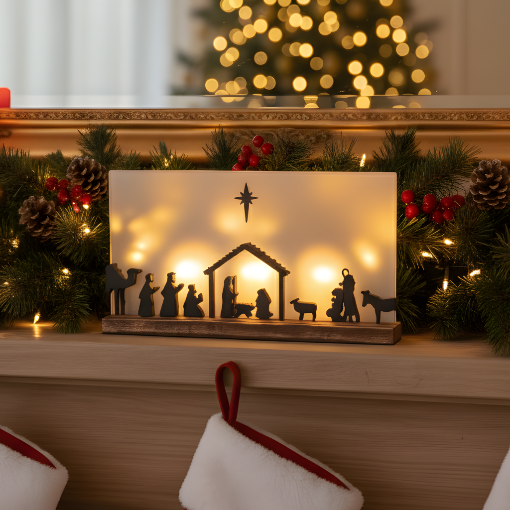 Detailed laser-cut black silhouettes of Mary, Joseph, and Baby Jesus on frosted acrylic.