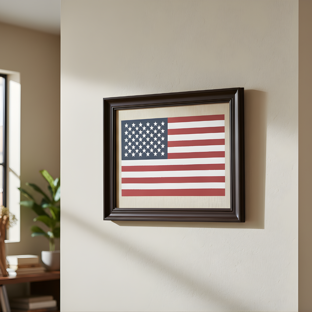 Vintage American flag wall art in a dark brown rustic wood frame with a linen background.