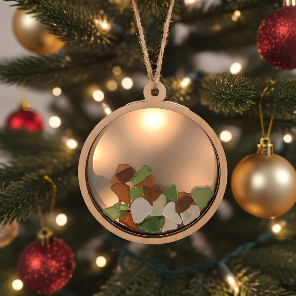 Handcrafted wood ornament with sea glass inside hanging on a Christmas tree with warm lights.
