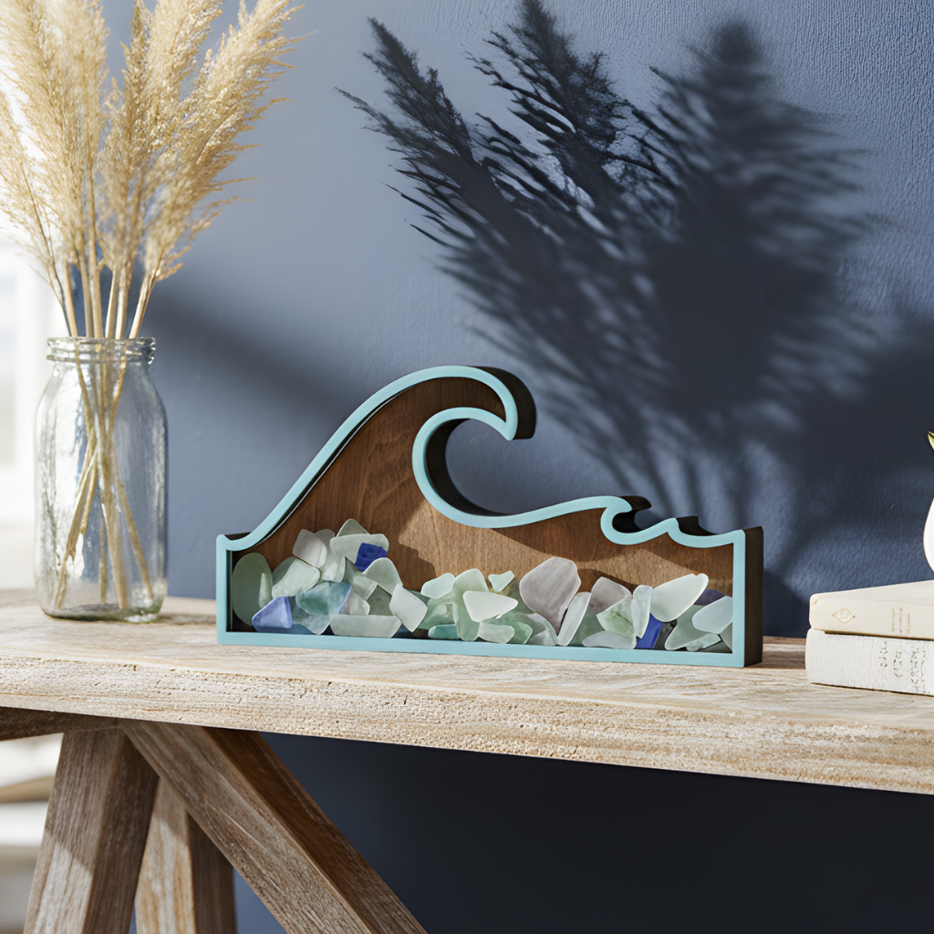 Top-loading shadow box for sea glass and shells showing the easy-fill opening.