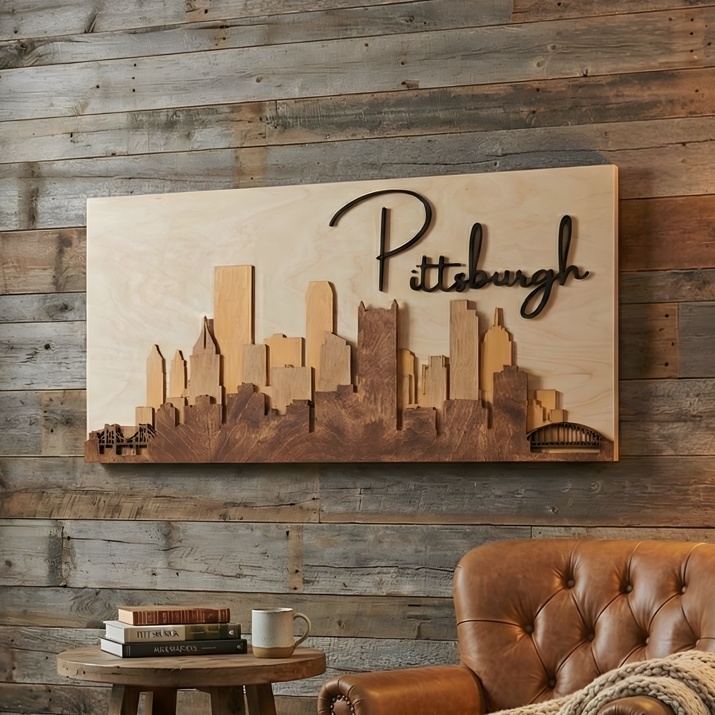 3D Pittsburgh skyline wood wall art with dark script lettering on a rustic plank wall.
