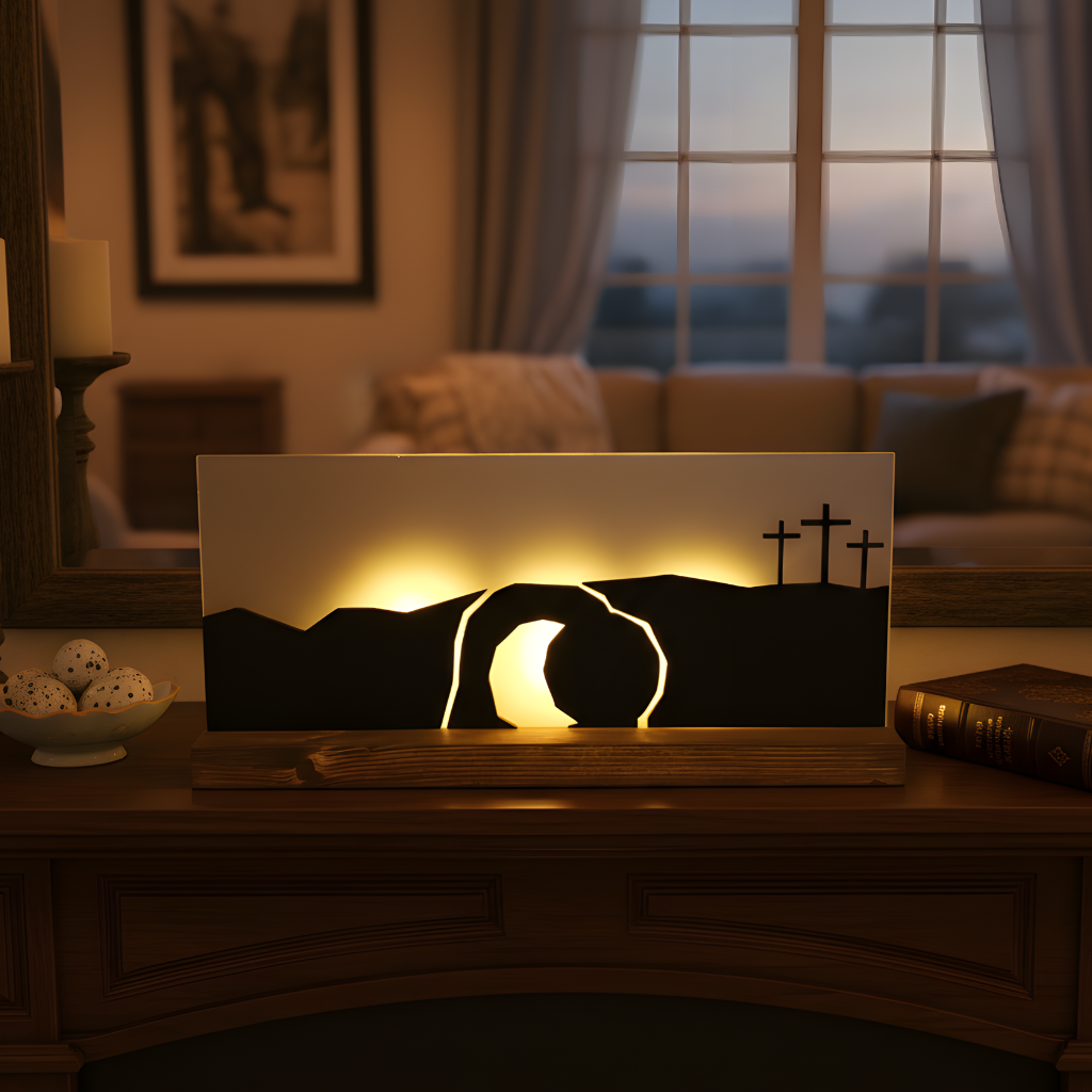 Silhouette empty tomb scene with three crosses on a wood base lit by a warm LED candle.