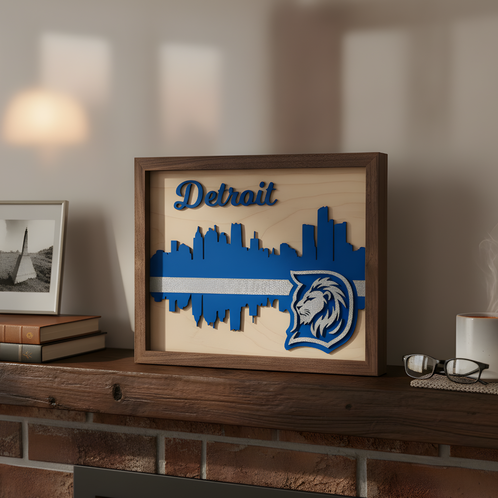 14x11 Detroit skyline shadow box art styled on a mantel with books.