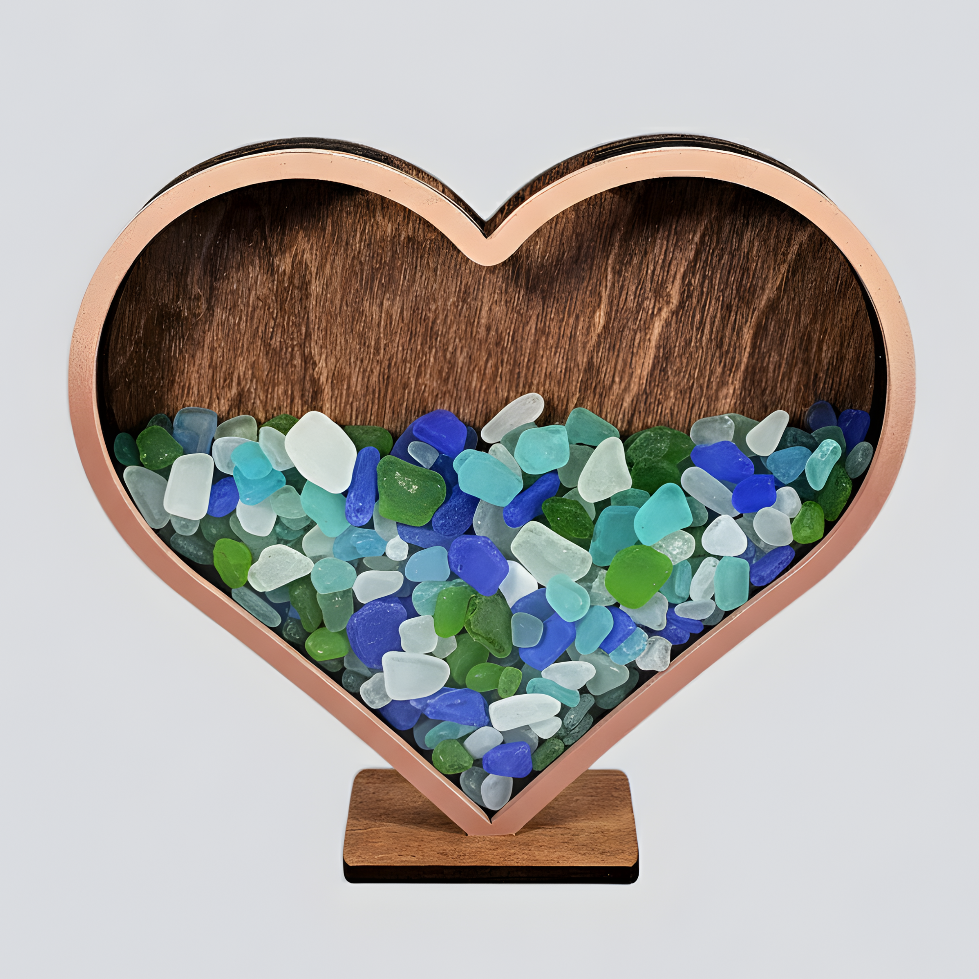 Ombre pink heart-shaped sea glass display box.