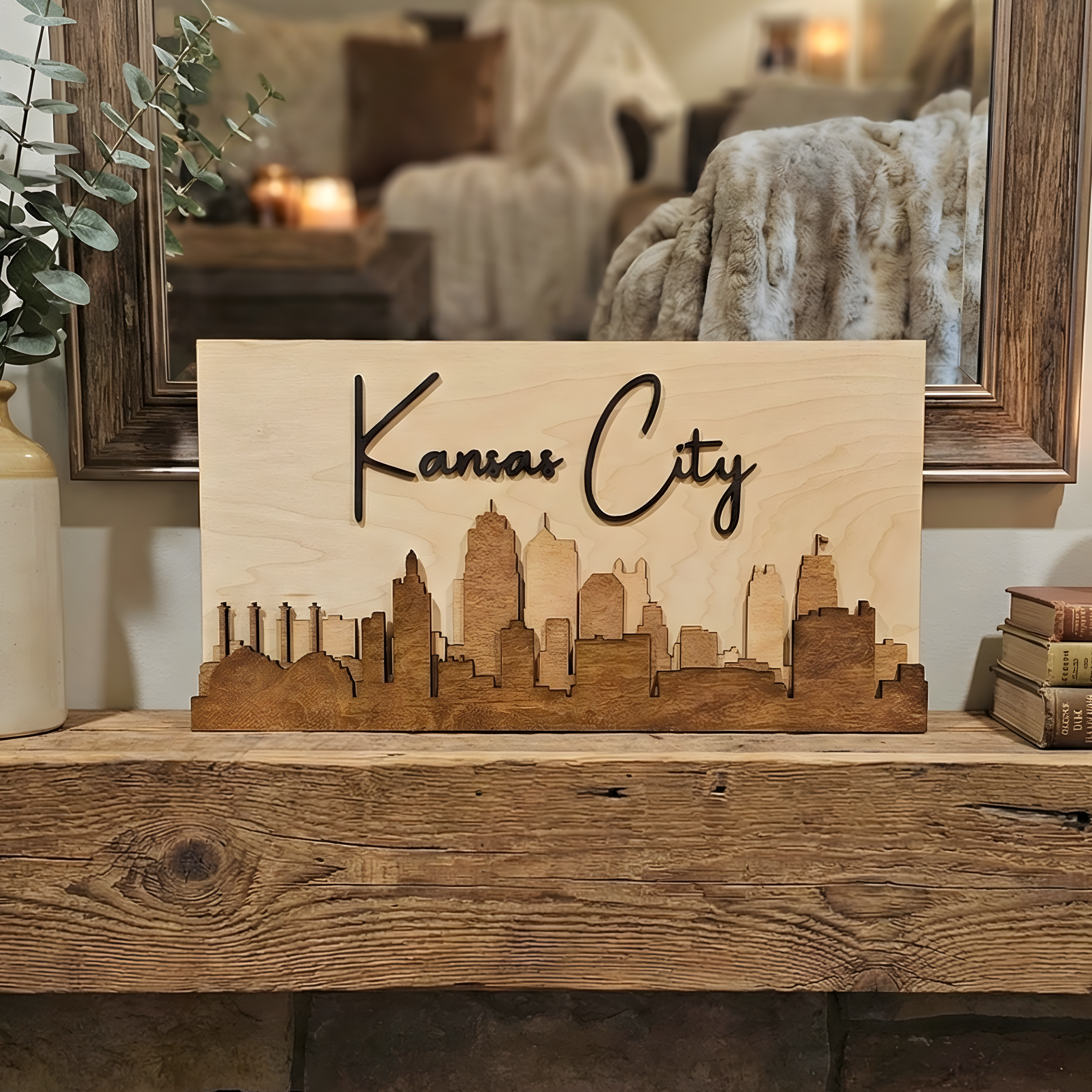 Handcrafted 3D Kansas City wood skyline in brown stain on a rustic wooden mantel.