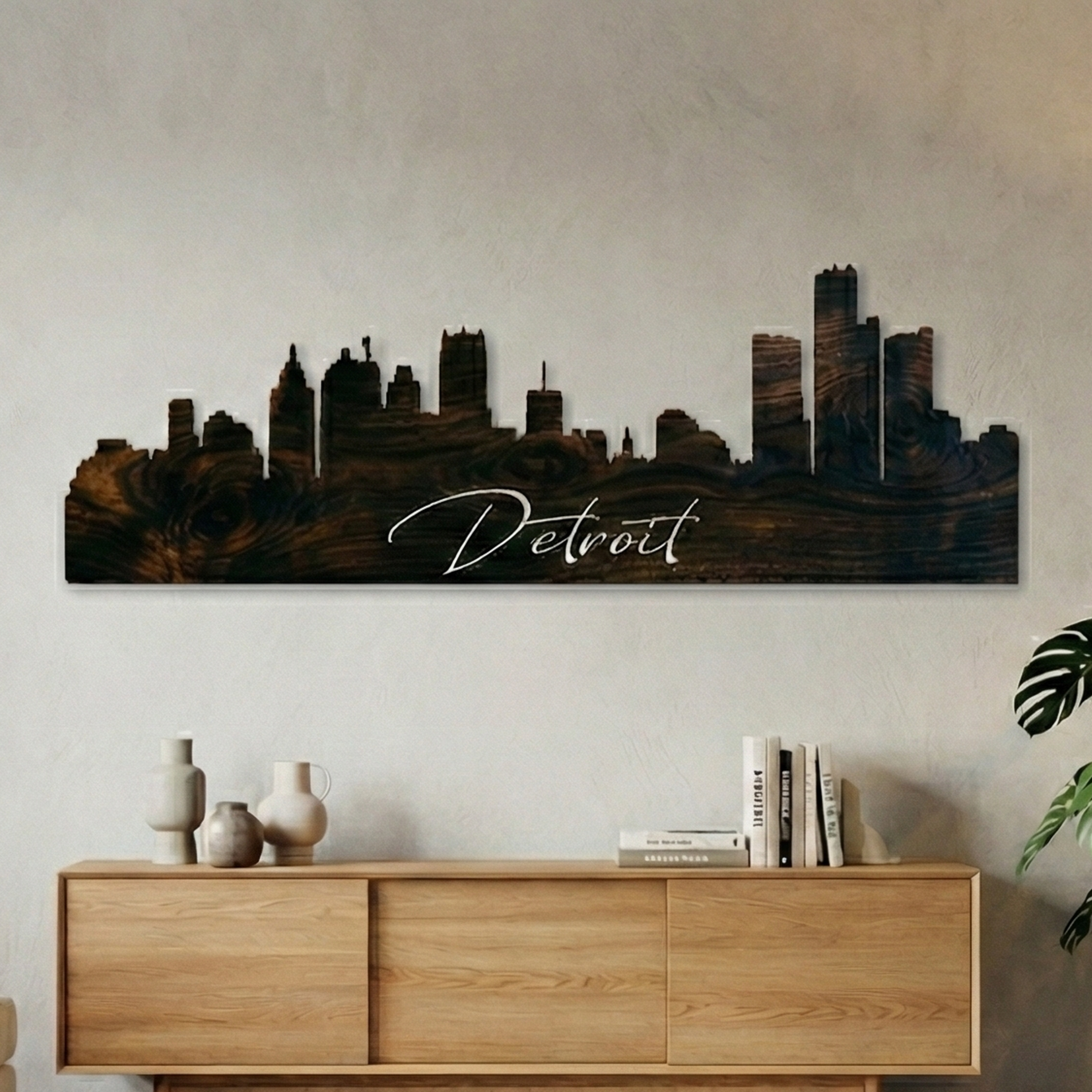 Detroit wood skyline art in Ebony stain with cut-out script above a console.