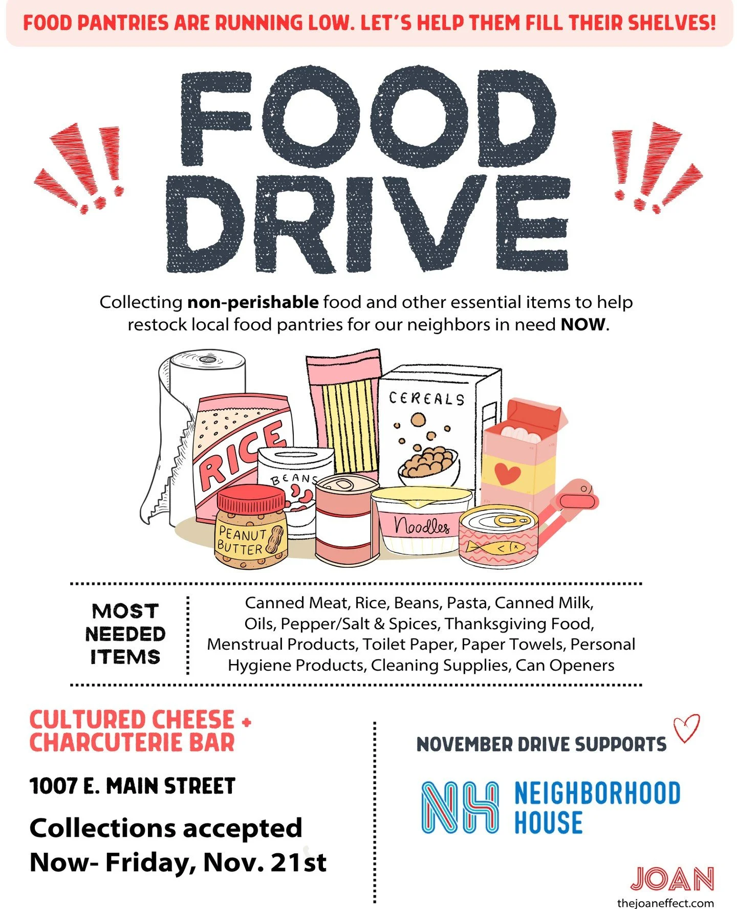 Help us stock the shelves! 🧡⁠
⁠
Local food pantries are running low, and we&rsquo;re stepping up to help - but we need your support! ⁠
⁠
Now through November 21st, we&rsquo;re collecting non-perishable food and essential items to support our friends