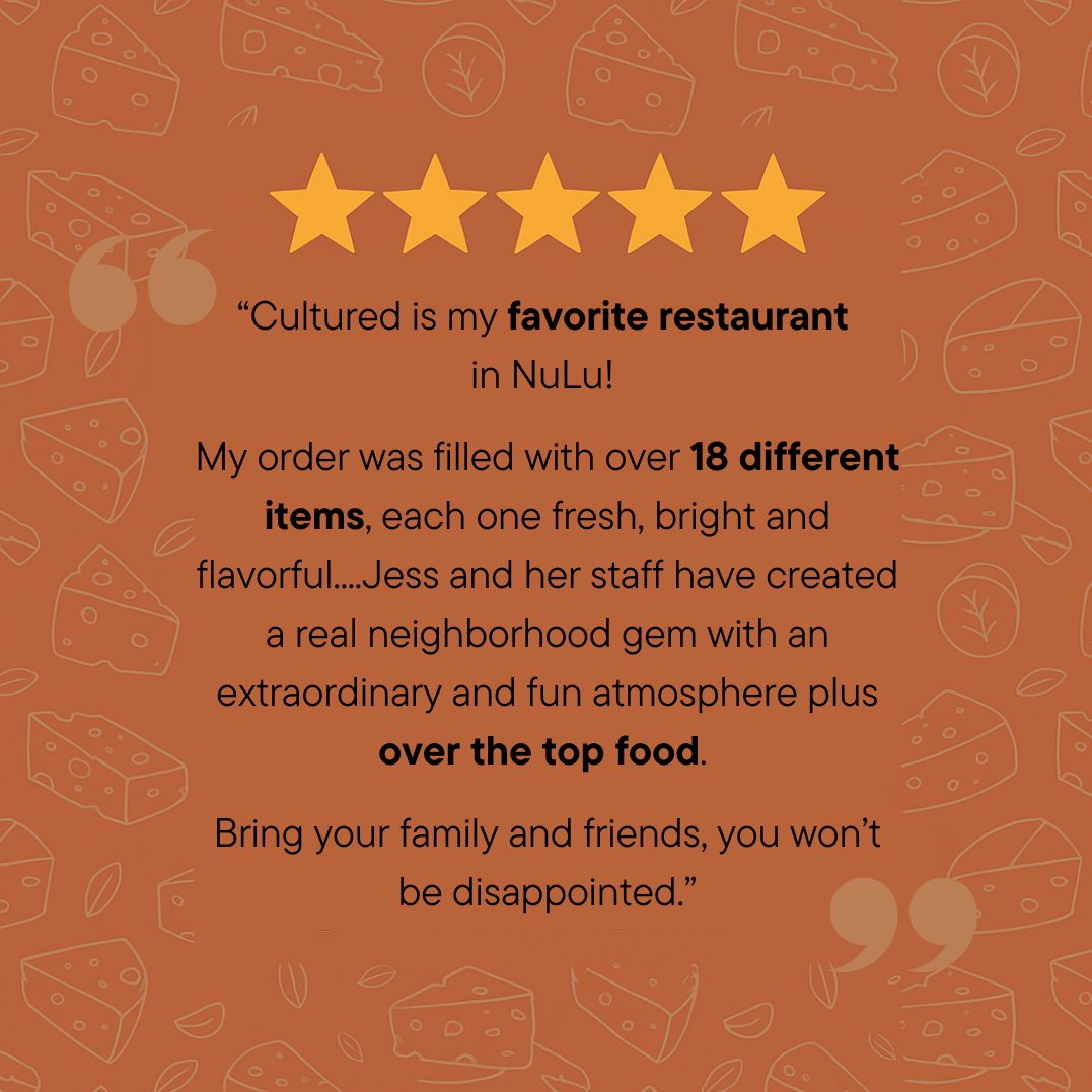 ⭐️⭐️⭐️⭐️⭐️⁠
Reviews like this make our day!⁠
⁠
&ldquo;Cultured is my favorite restaurant in NuLu! My order was filled with over 18 different items, each one fresh, bright, and colorful.&rdquo;⁠
⁠
Thank you for the love and for choosing Cultured as yo