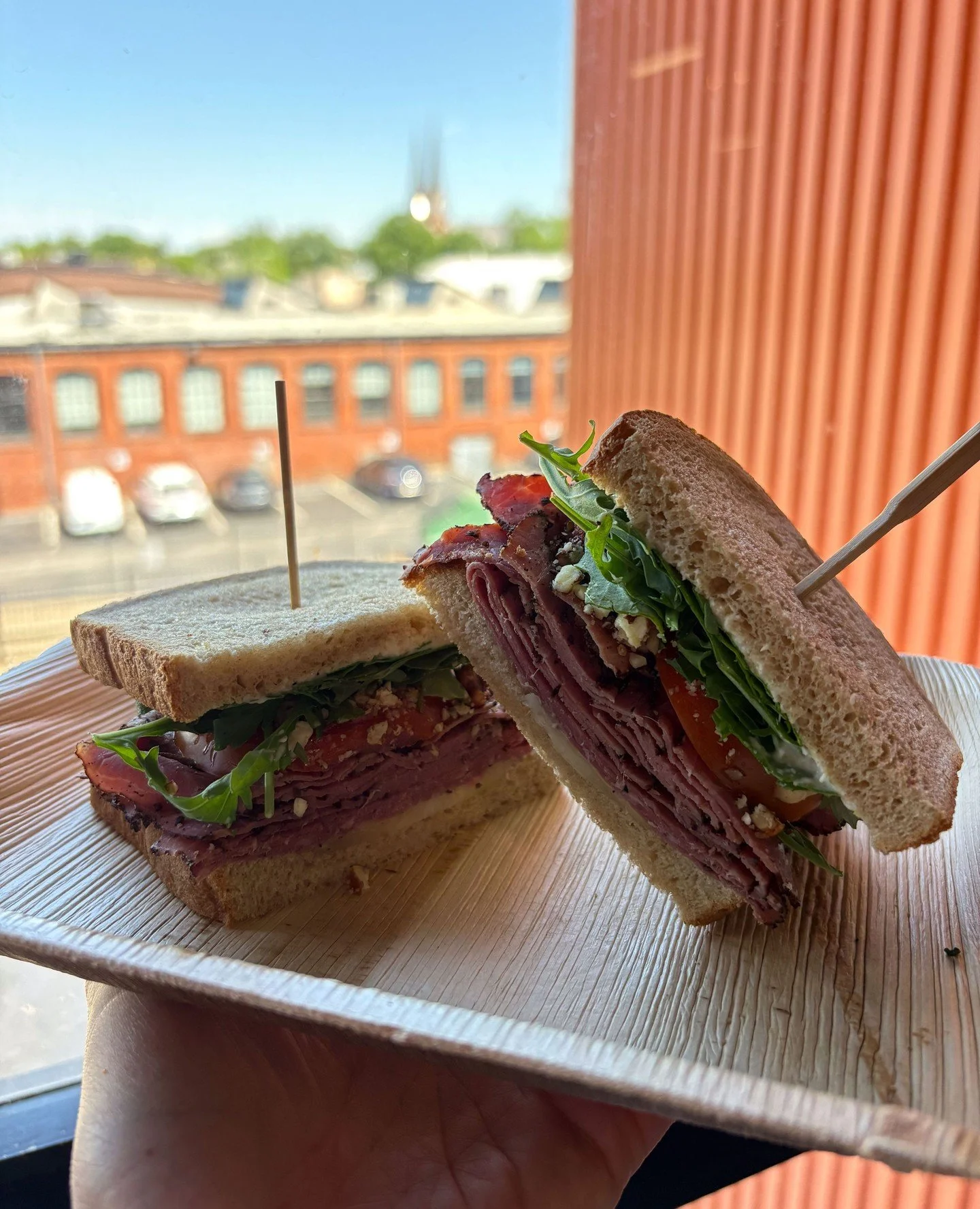 Something new just landed on our menu, and we are so excited about this one. ✨⁠
⁠
Introducing our new pastrami sandwich - piled high on sourdough with arugula, horseradish, spicy mustard, onion jack cheese, and sriracha honey pecans. 🤤⁠
⁠
Come try i