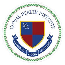 The logo of the Global Health Institute featuring a shield with a blue section marked 'M' and 'K', a red section, and a gold section. The shield is surrounded by a green laurel wreath and a blue banner with the year 2004. The text encircling the logo
