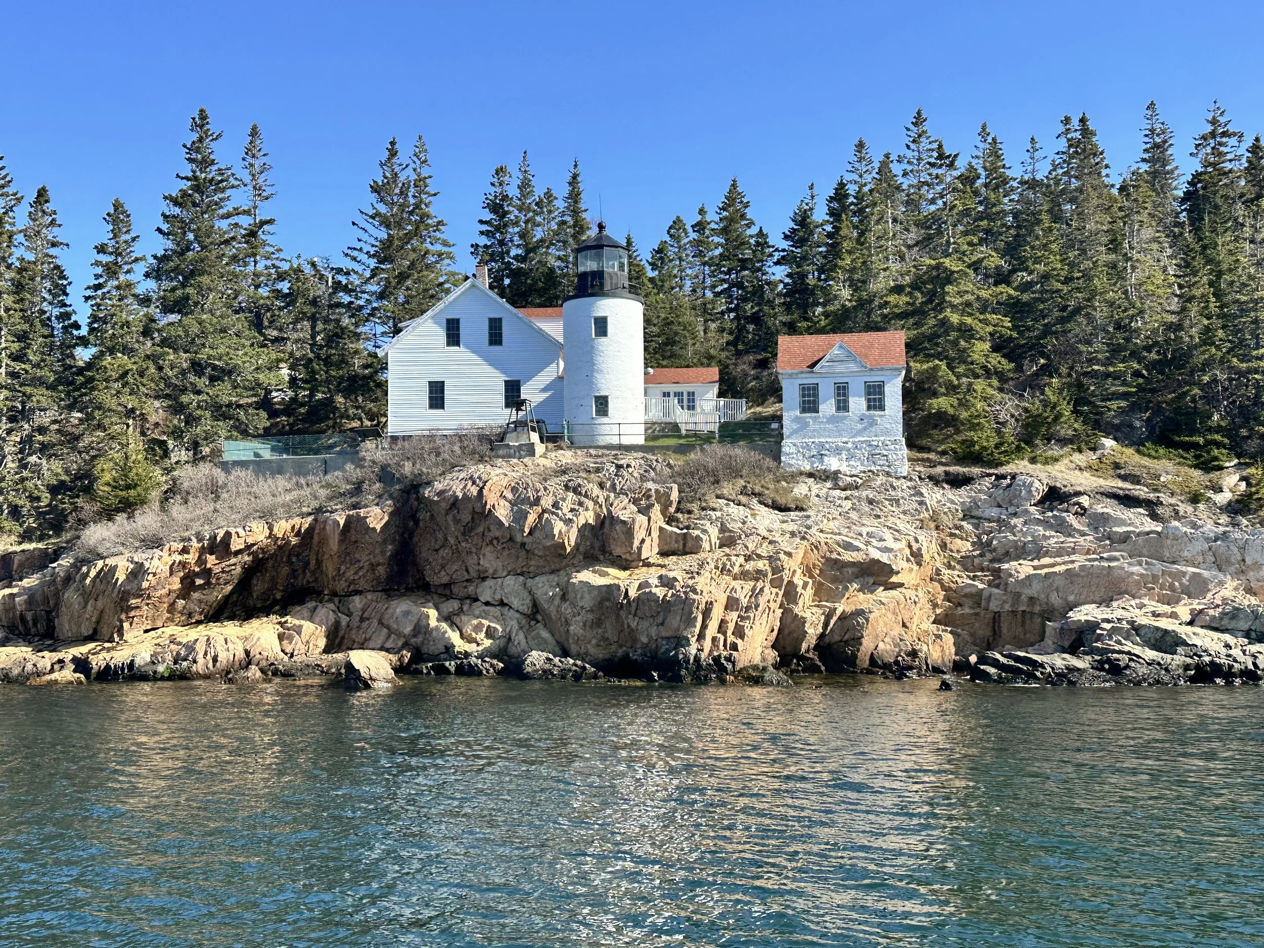 Sailboat on ocean near rocky coastline with evergreen trees and a lighthouse under a blue sky.